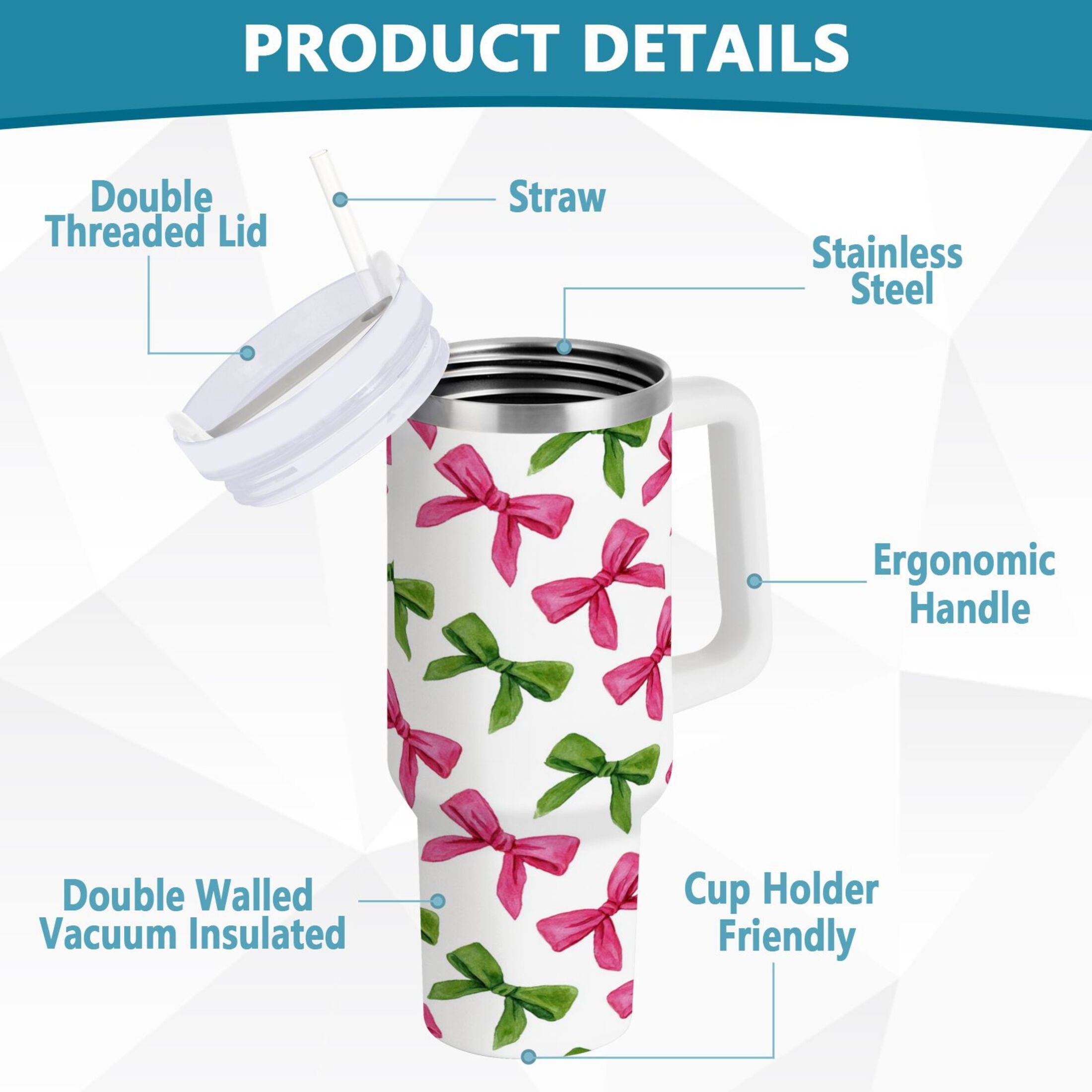 30 oz Insulated Stainless Steel Tumbler Double Wall Stainless Steel Tumbler with 2-Way Drinking Pink Bows and Green Ribbons FD2O