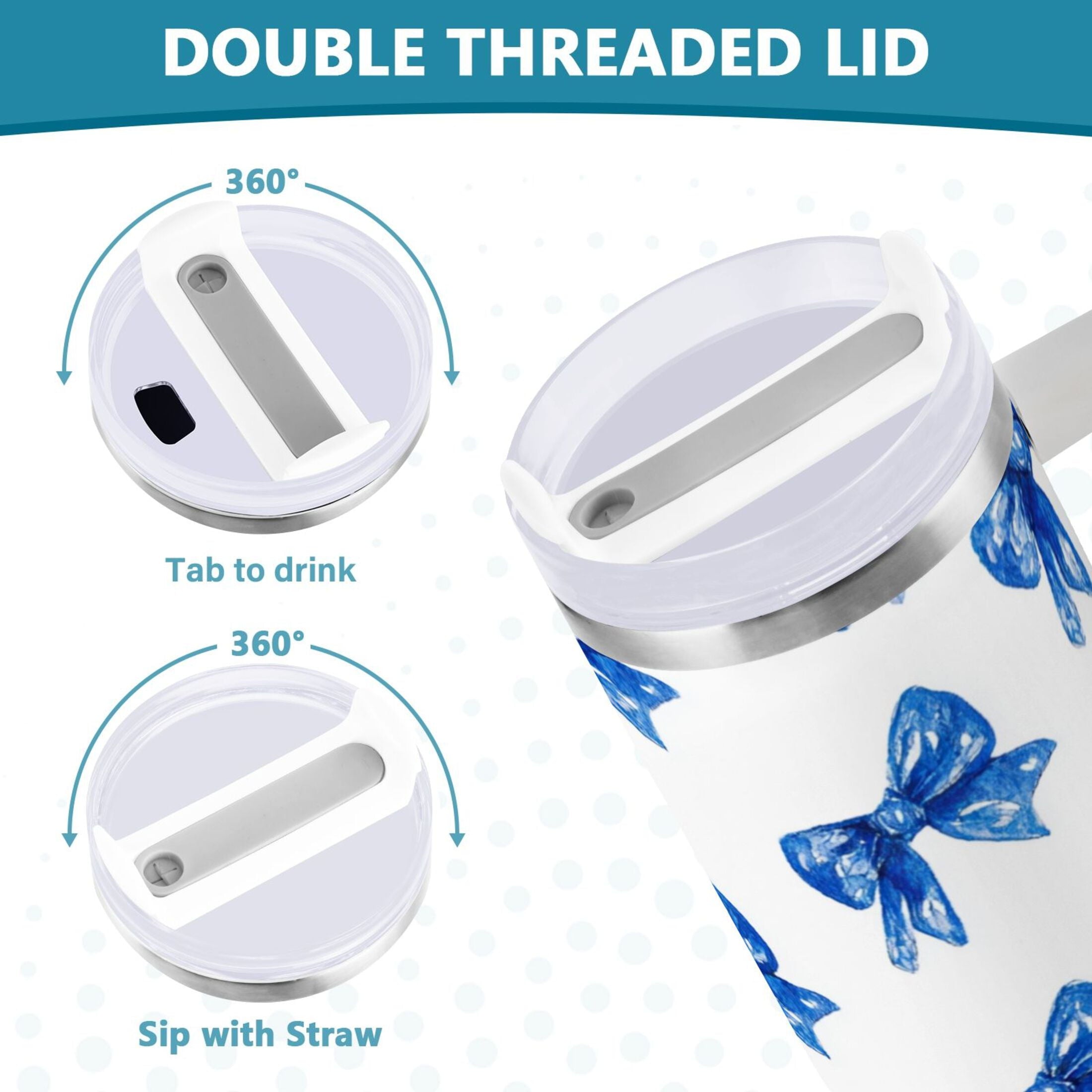 30 oz Insulated Stainless Steel Tumbler Double Wall Stainless Steel Tumbler with 2-Way Drinking Blue Bows Pattern MPO0