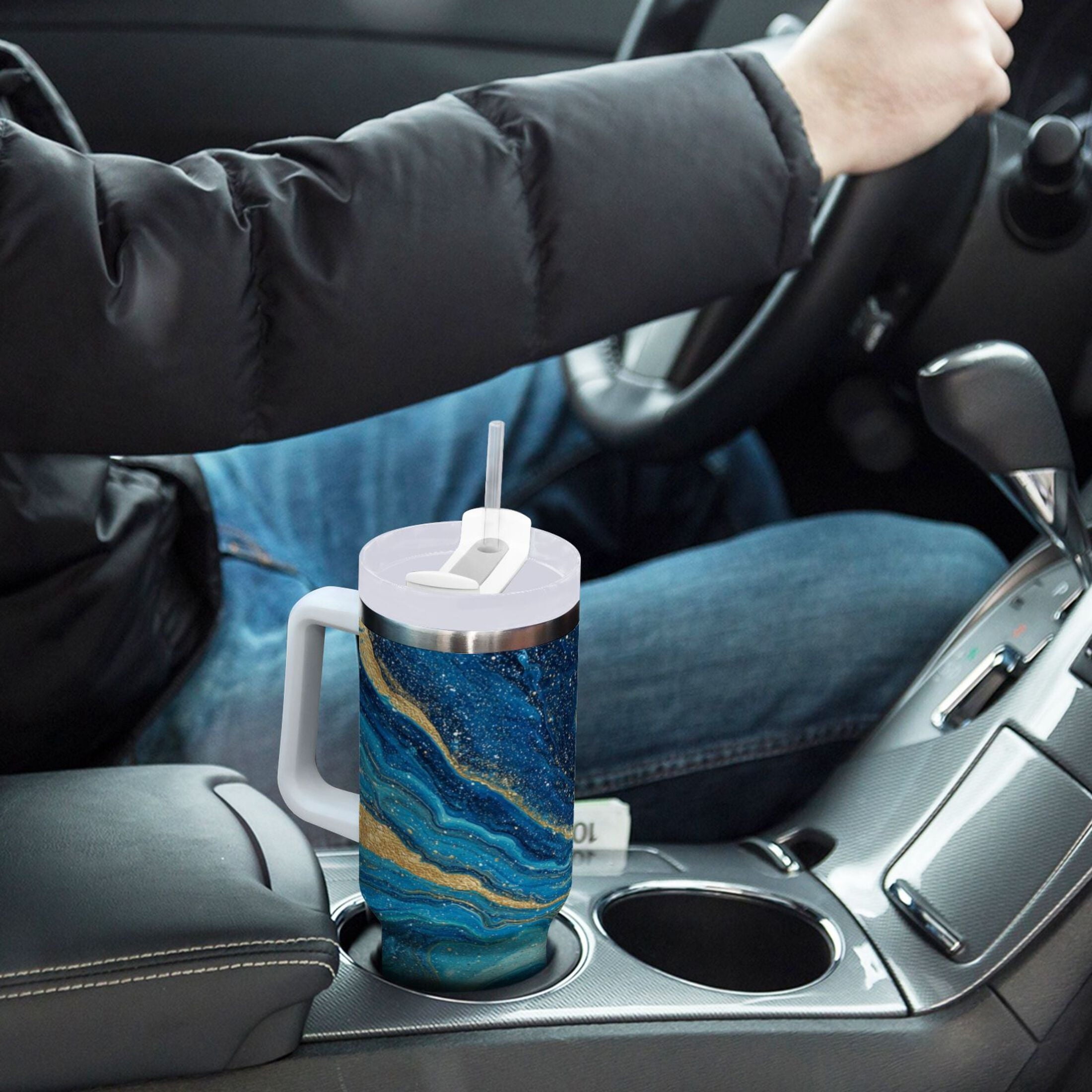 30 oz Insulated Stainless Steel Tumbler Double Wall Stainless Steel Tumbler with 2-Way Drinking Blue and Gold Ocean 1QFL