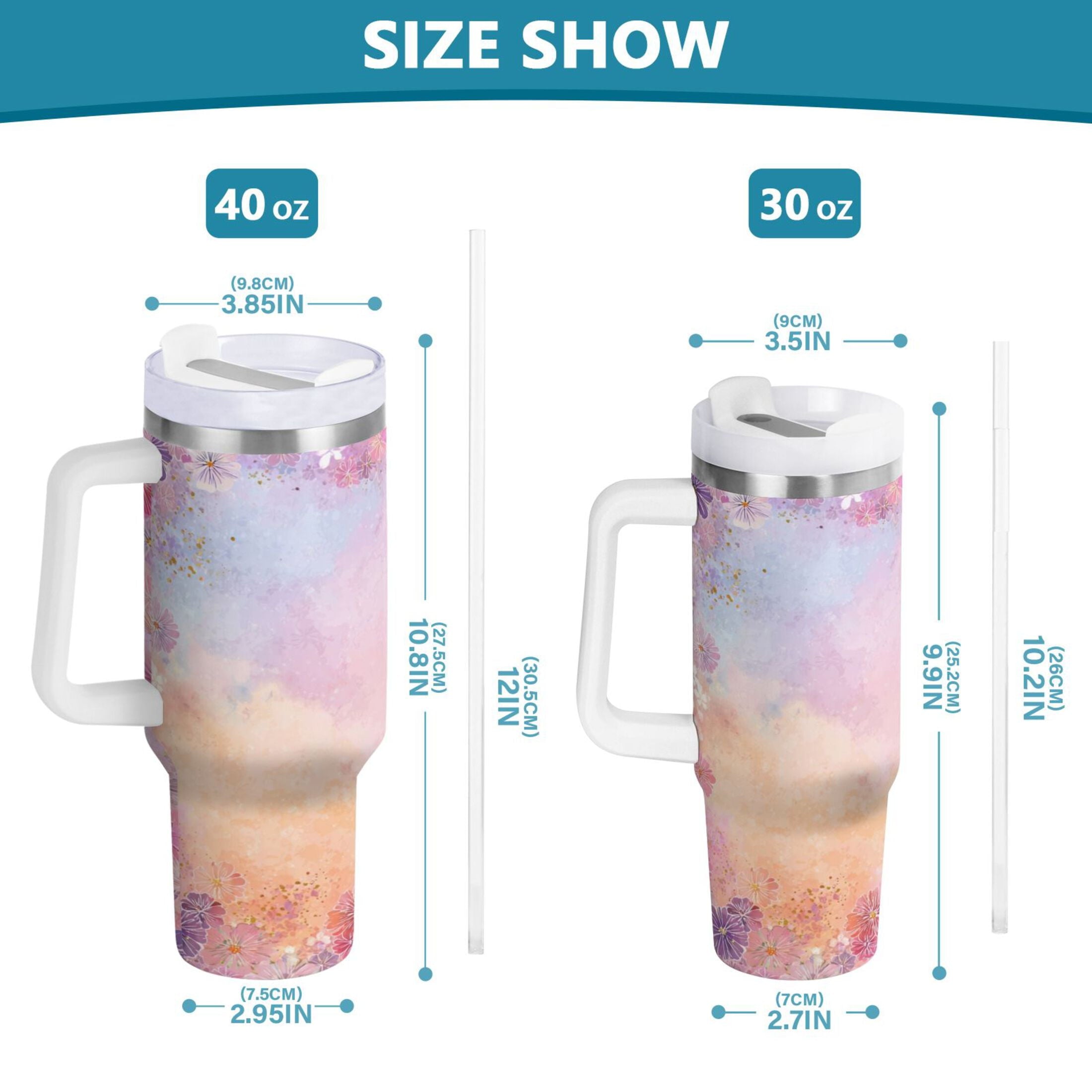 30 oz Insulated Stainless Steel Tumbler Double Wall Stainless Steel Tumbler with 2-Way Drinking Colorful Pastel Floral Pattern 9DI1