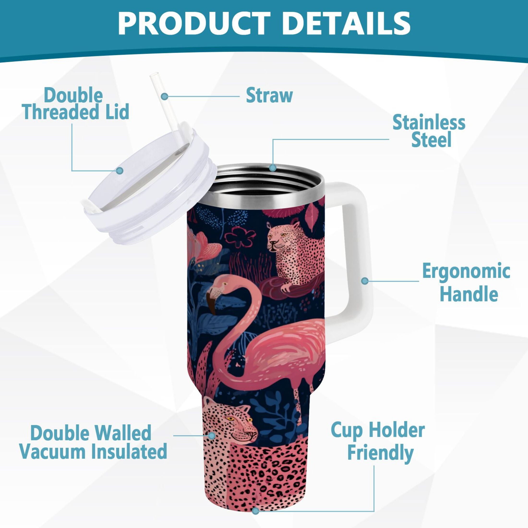 30 oz Insulated Stainless Steel Tumbler Double Wall Stainless Steel Tumbler with 2-Way Drinking Flamingos and Leopard Print 2NIH