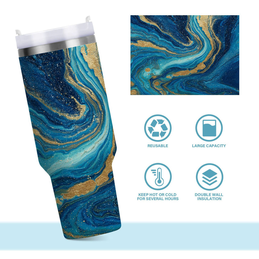30 oz Insulated Stainless Steel Tumbler Double Wall Stainless Steel Tumbler with 2-Way Drinking Blue and Gold Ocean 1QFL