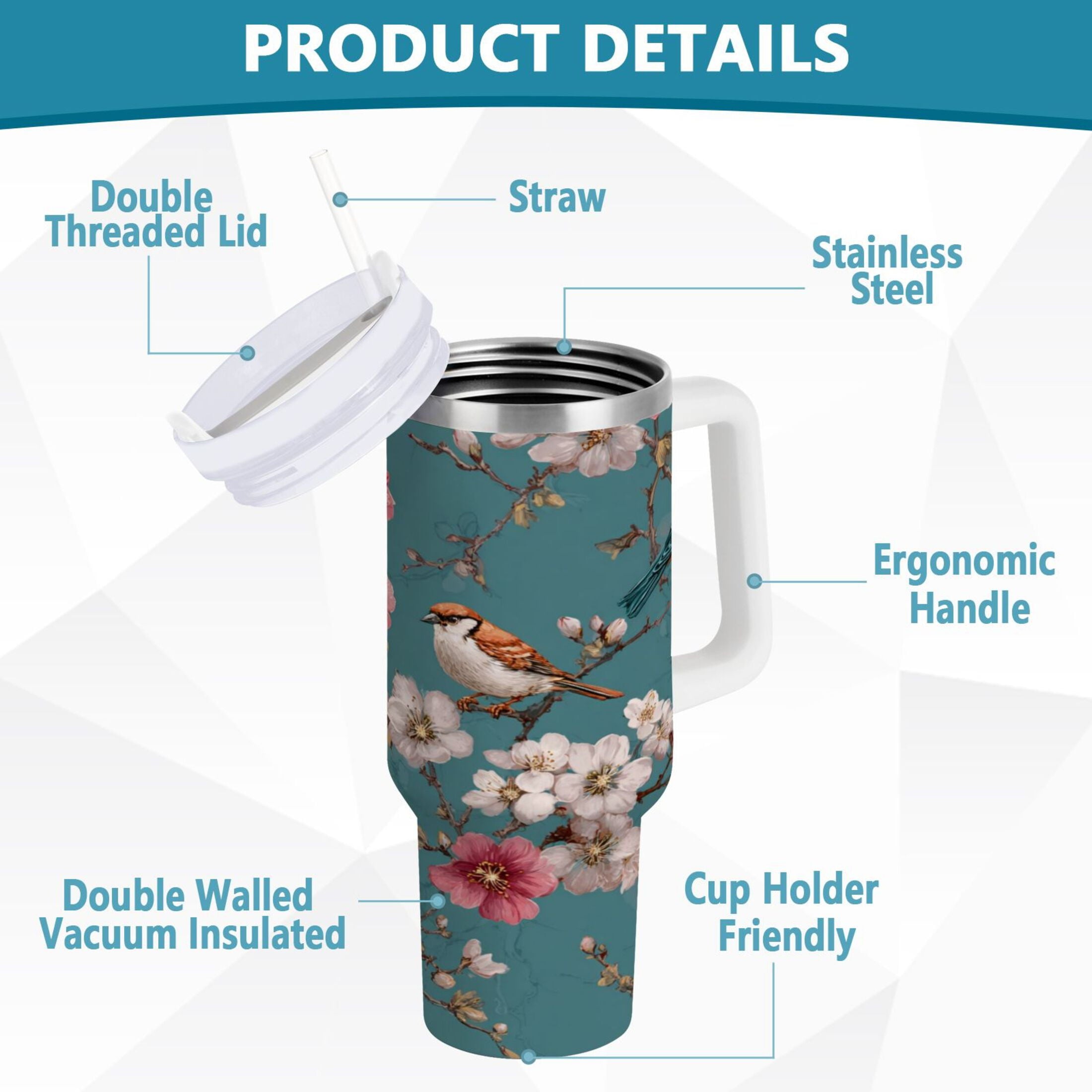 30 oz Insulated Stainless Steel Tumbler Double Wall Stainless Steel Tumbler with 2-Way Drinking Birds and Cherry Pattern 8ZIO