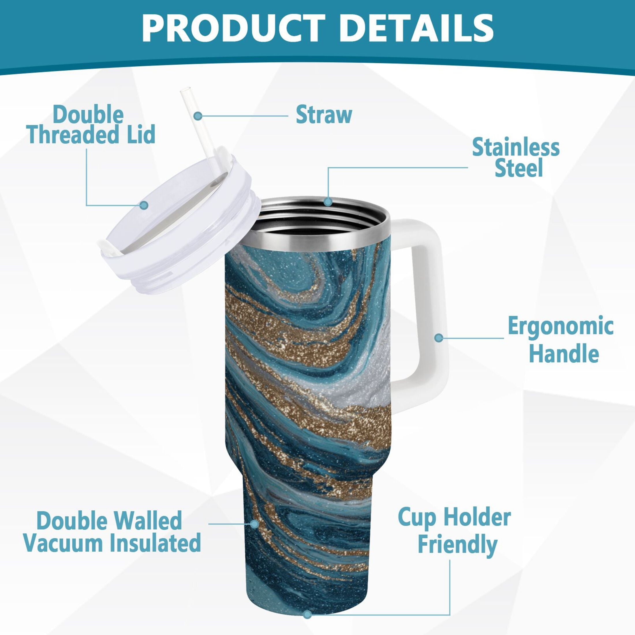 30 oz Insulated Stainless Steel Tumbler Double Wall Stainless Steel Tumbler with 2-Way Drinking Blue and Gold Swirling 1HW0
