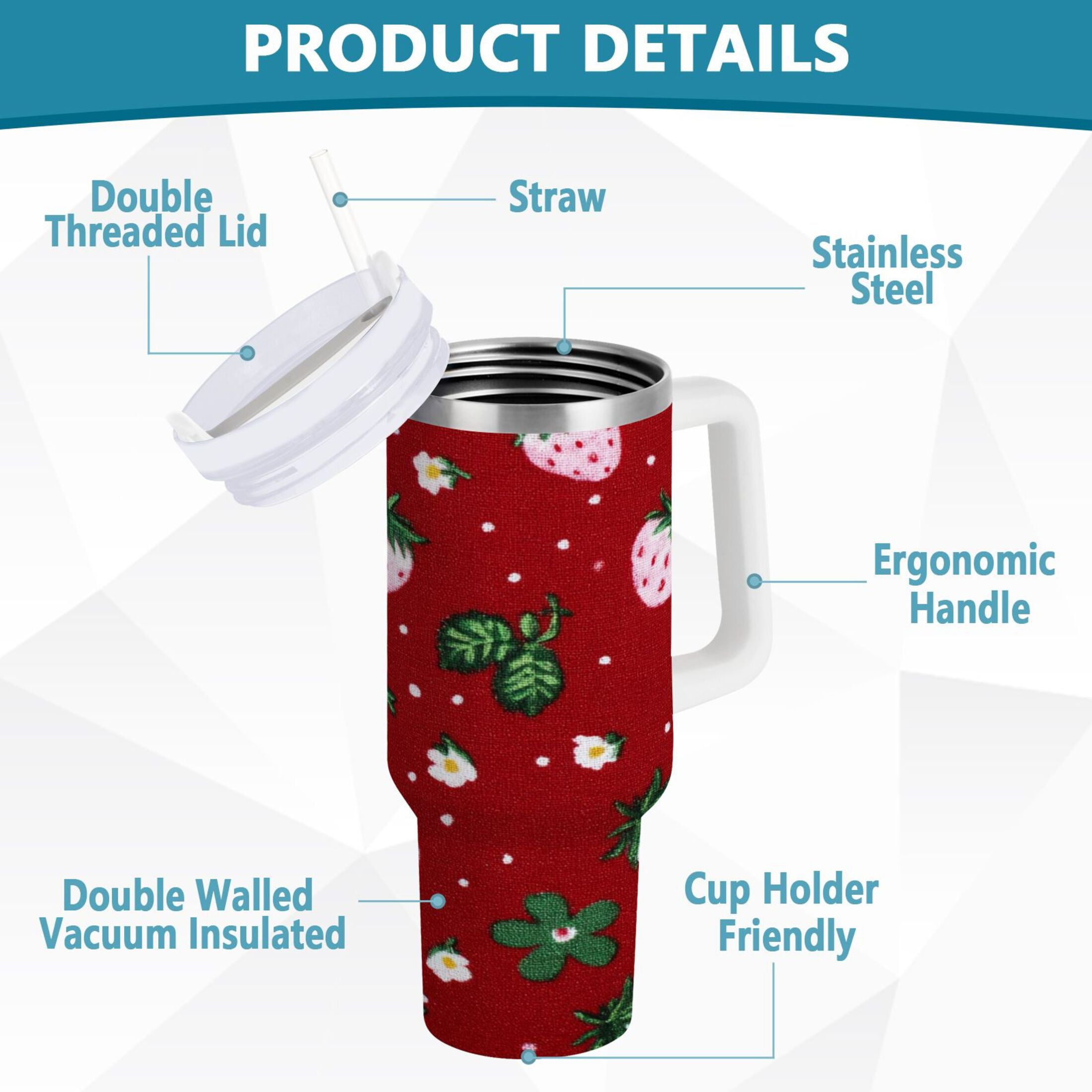 30 oz Insulated Stainless Steel Tumbler Double Wall Stainless Steel Tumbler with 2-Way Drinking Cute Pink Strawberry Pattern 7XWJ