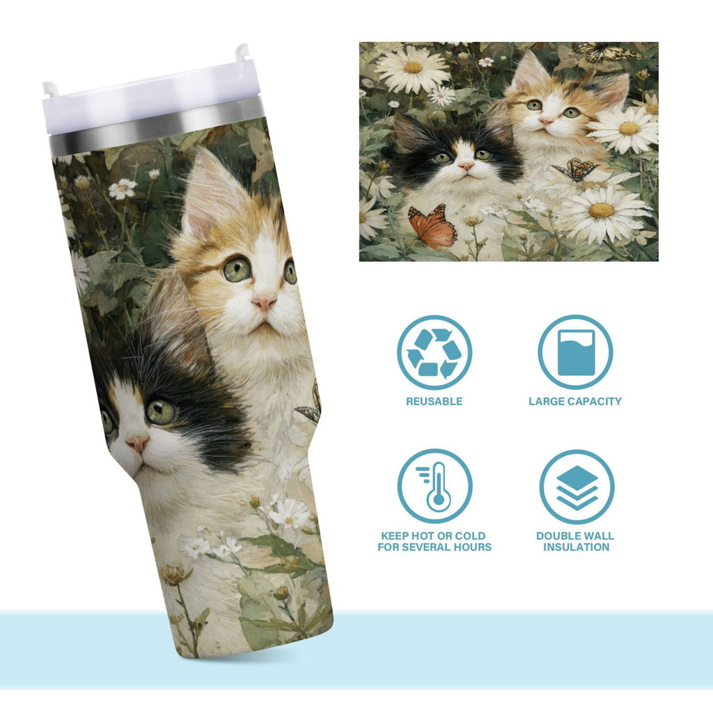 30 oz Insulated Stainless Steel Tumbler Double Wall Stainless Steel Tumbler with 2-Way Drinking Adorable Cats and Daisies 7J0T