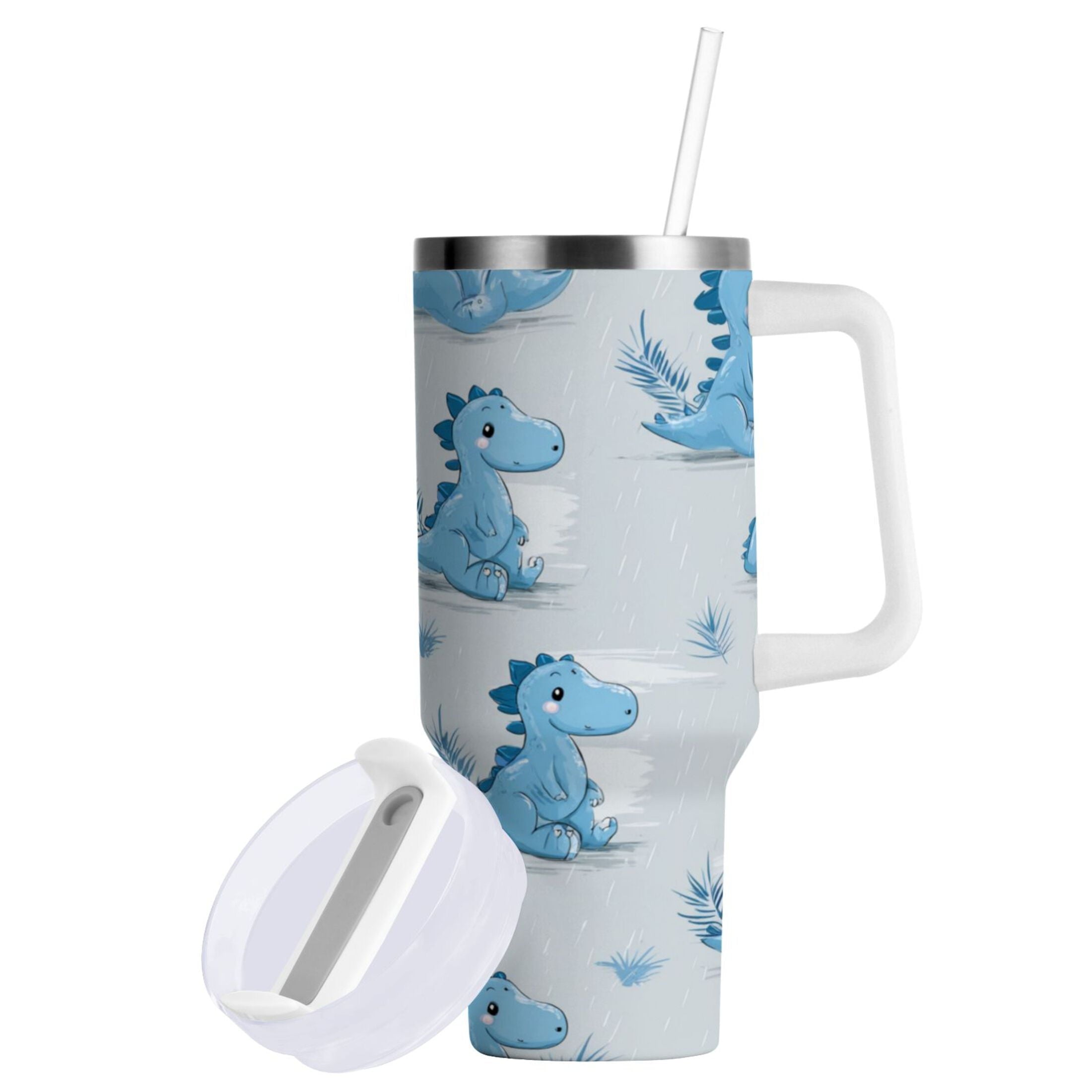 30 oz Insulated Stainless Steel Tumbler Double Wall Stainless Steel Tumbler with 2-Way Drinking Cartoon Blue Dinosaurs GUUO