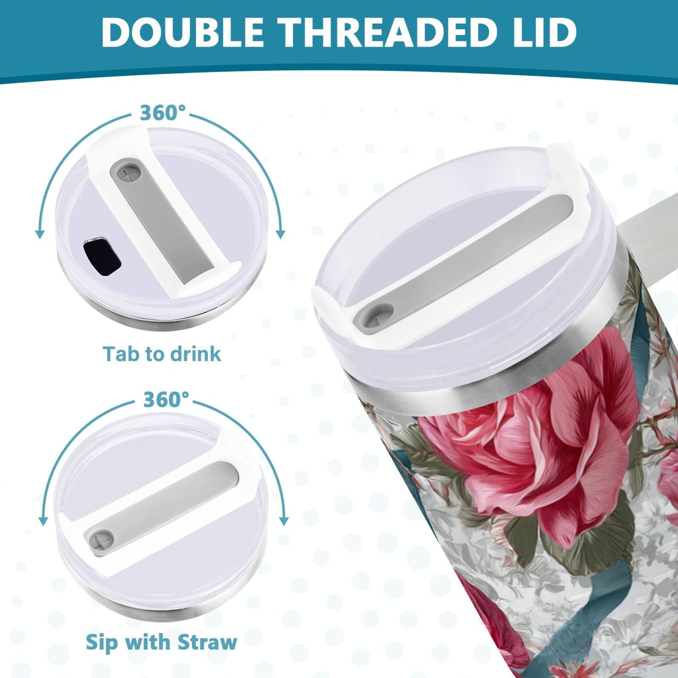 30 oz Insulated Stainless Steel Tumbler Double Wall Stainless Steel Tumbler with 2-Way Drinking Roses and Ribbons CQ1L