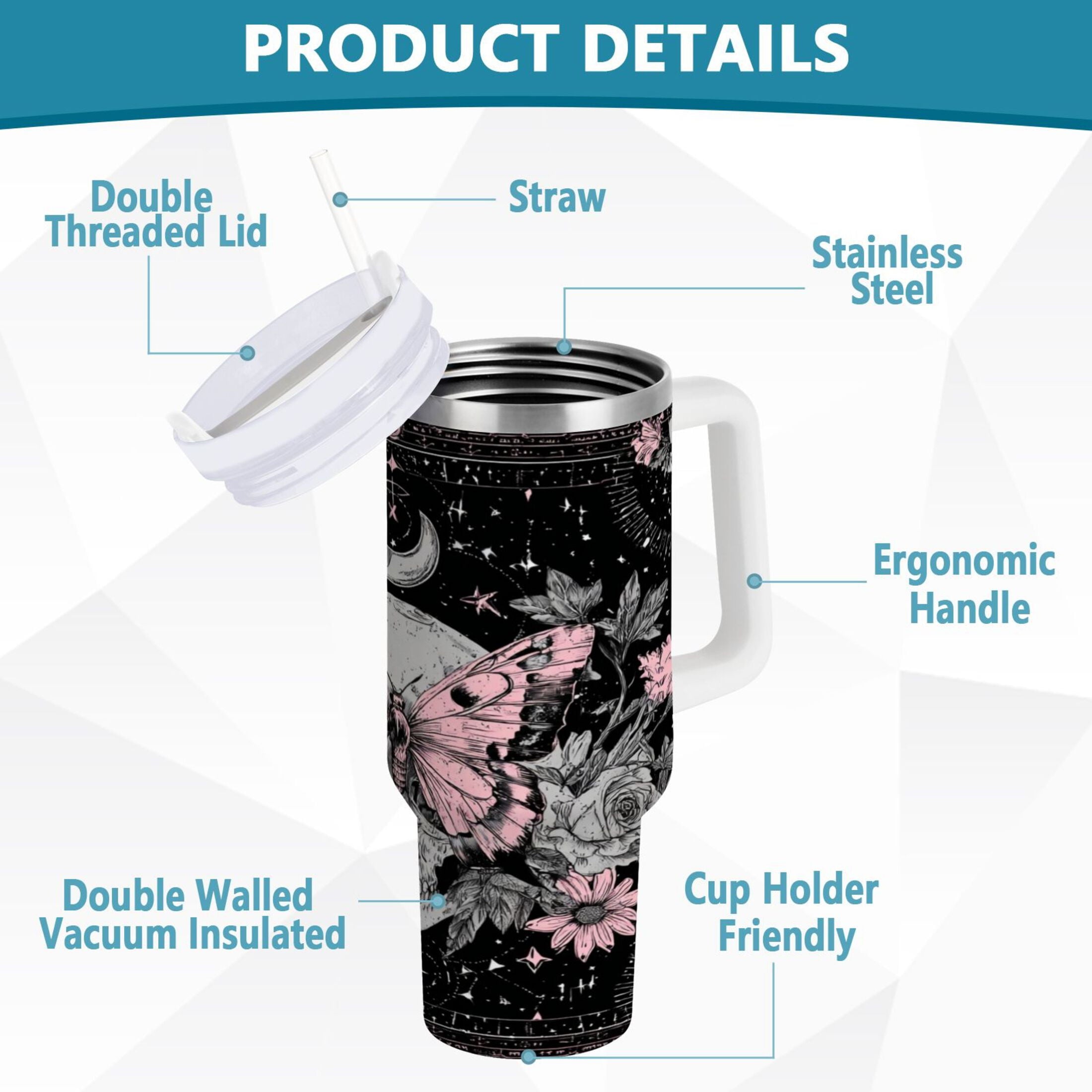 30 oz Insulated Stainless Steel Tumbler Double Wall Stainless Steel Tumbler with 2-Way Drinking Butterfly by Moon and Flowers Y02L