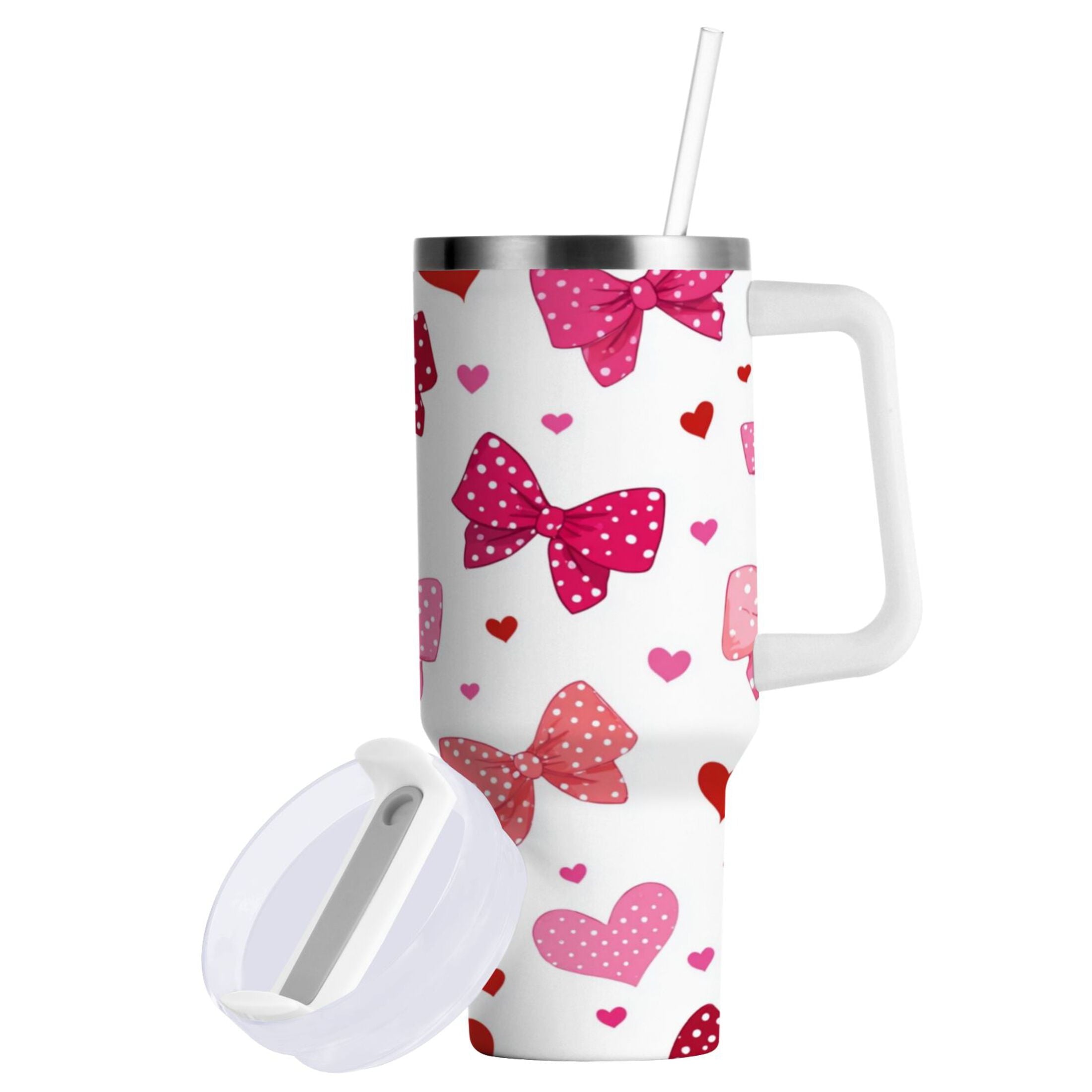 30 oz Insulated Stainless Steel Tumbler Double Wall Stainless Steel Tumbler with 2-Way Drinking Red and Pink Bows 673Q