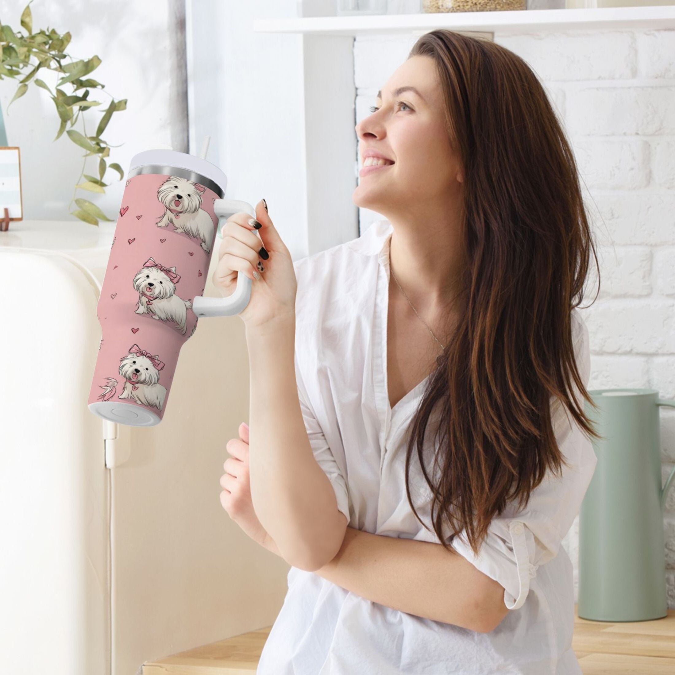 30 oz Insulated Stainless Steel Tumbler Double Wall Stainless Steel Tumbler with 2-Way Drinking Dogs Wearing Bows GEU1