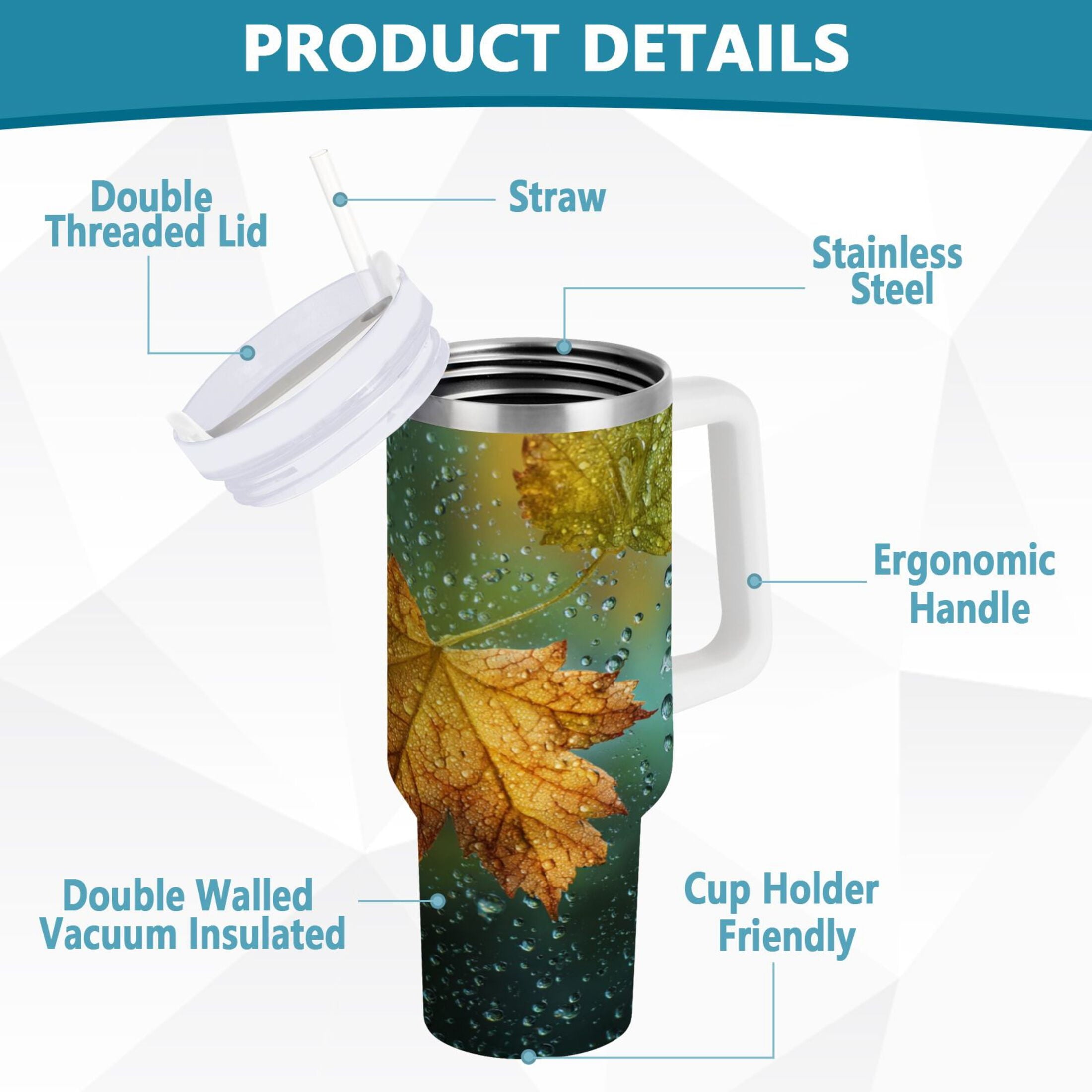 30 oz Insulated Stainless Steel Tumbler Double Wall Stainless Steel Tumbler with 2-Way Drinking Leaves with Water Droplets DSNH