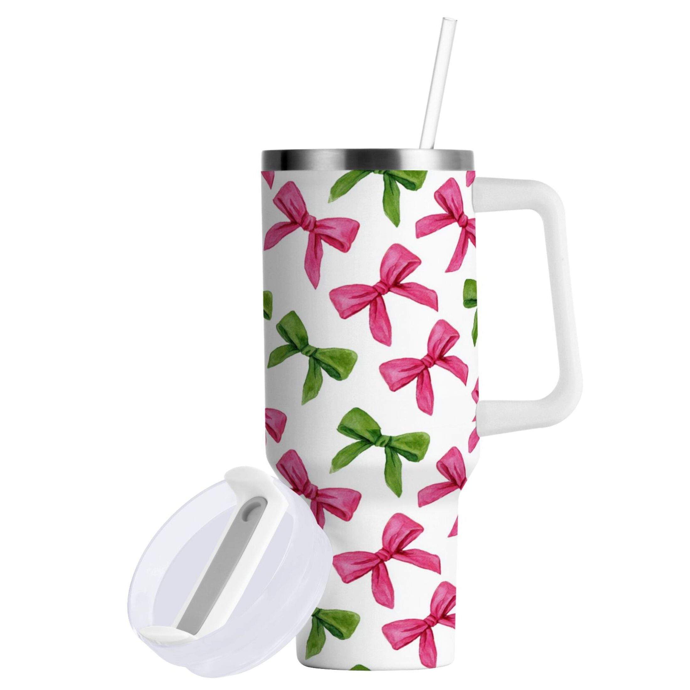 30 oz Insulated Stainless Steel Tumbler Double Wall Stainless Steel Tumbler with 2-Way Drinking Pink Bows and Green Ribbons FD2O