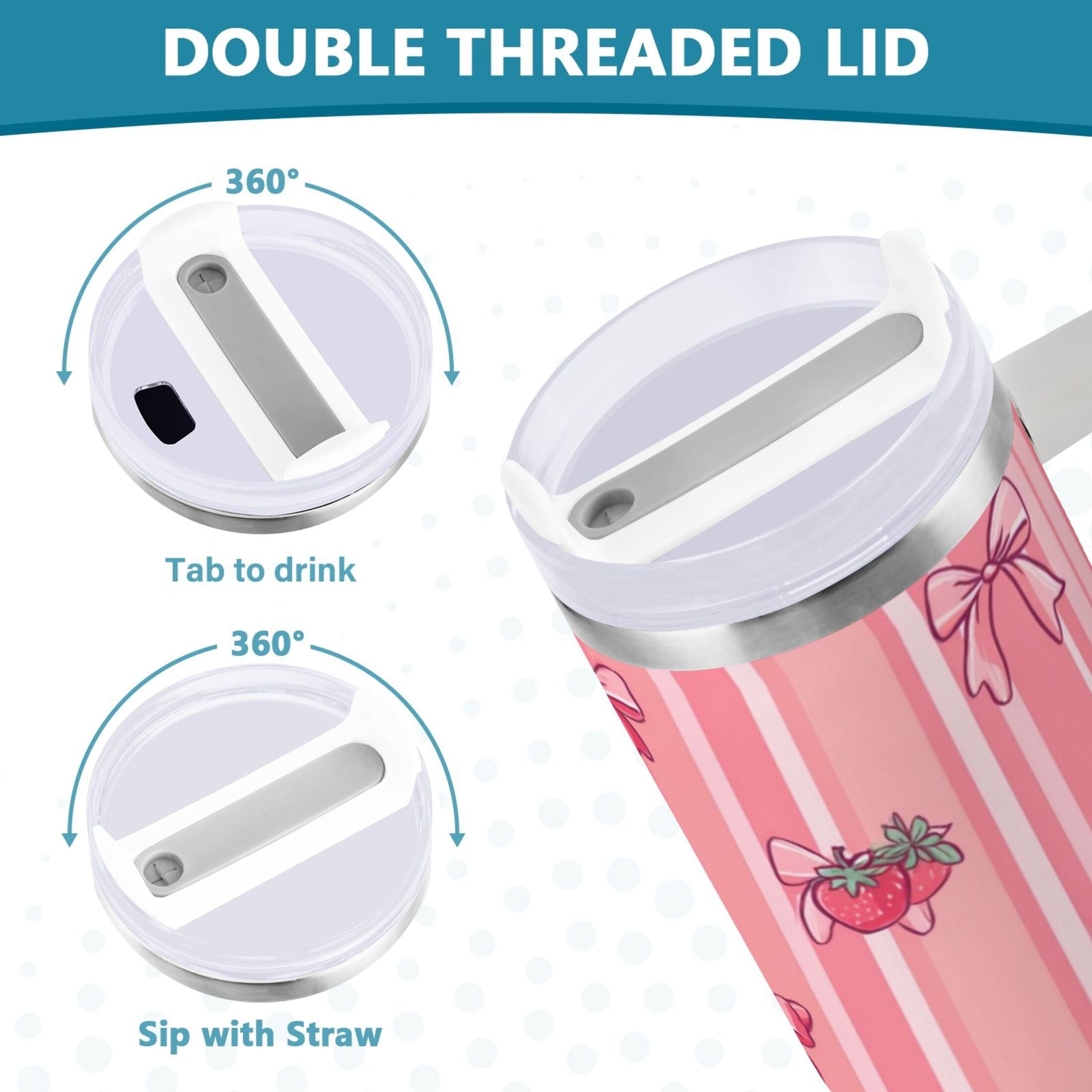30 oz Insulated Stainless Steel Tumbler Double Wall Stainless Steel Tumbler with 2-Way Drinking Pink Bows and Strawberries AFBT