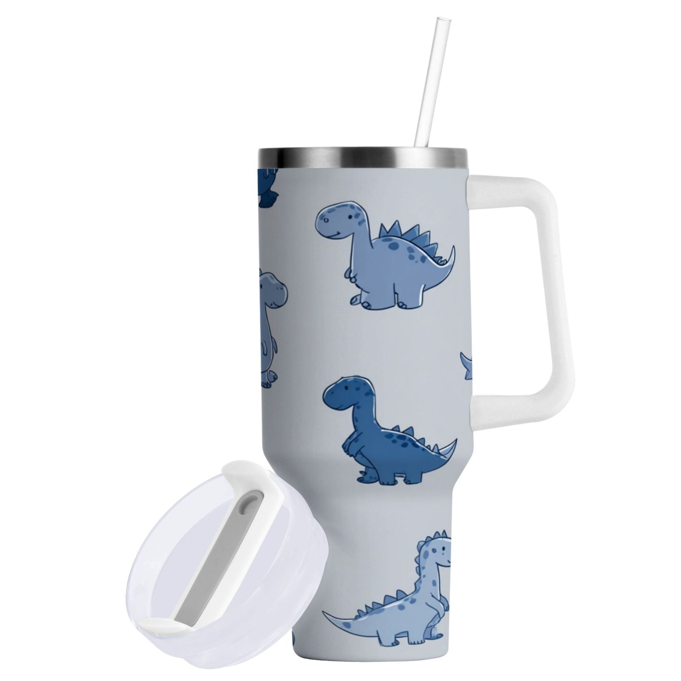30 oz Insulated Stainless Steel Tumbler Double Wall Stainless Steel Tumbler with 2-Way Drinking Cute Blue Dinosaurs Q0BA