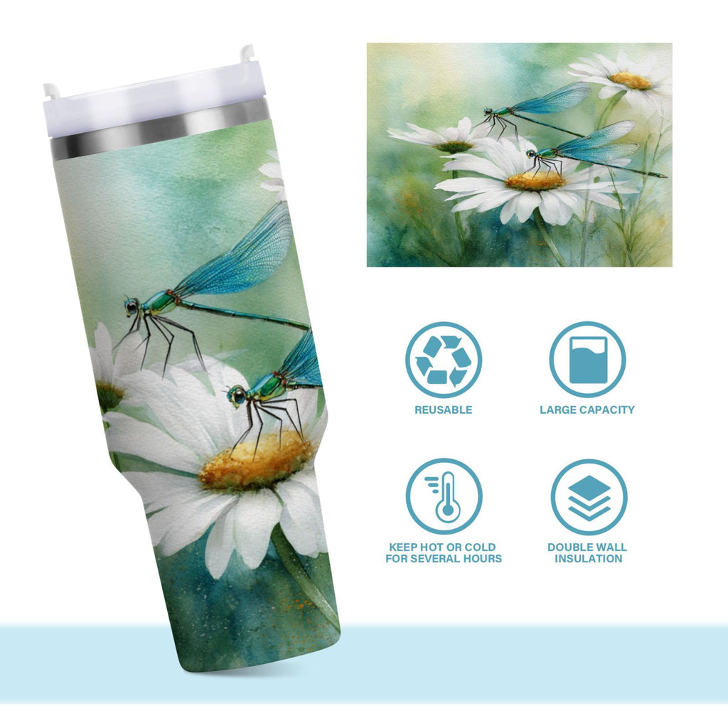 30 oz Insulated Stainless Steel Tumbler Double Wall Stainless Steel Tumbler with 2-Way Drinking Beautiful Dragonflies and Daisies SXTZ