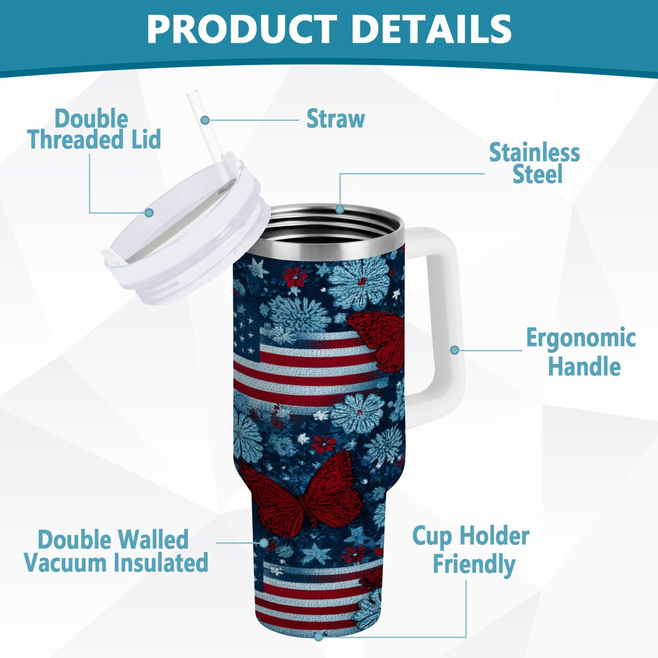 30 oz Insulated Stainless Steel Tumbler Double Wall Stainless Steel Tumbler with 2-Way Drinking Red Butterflies and Flags Y93R