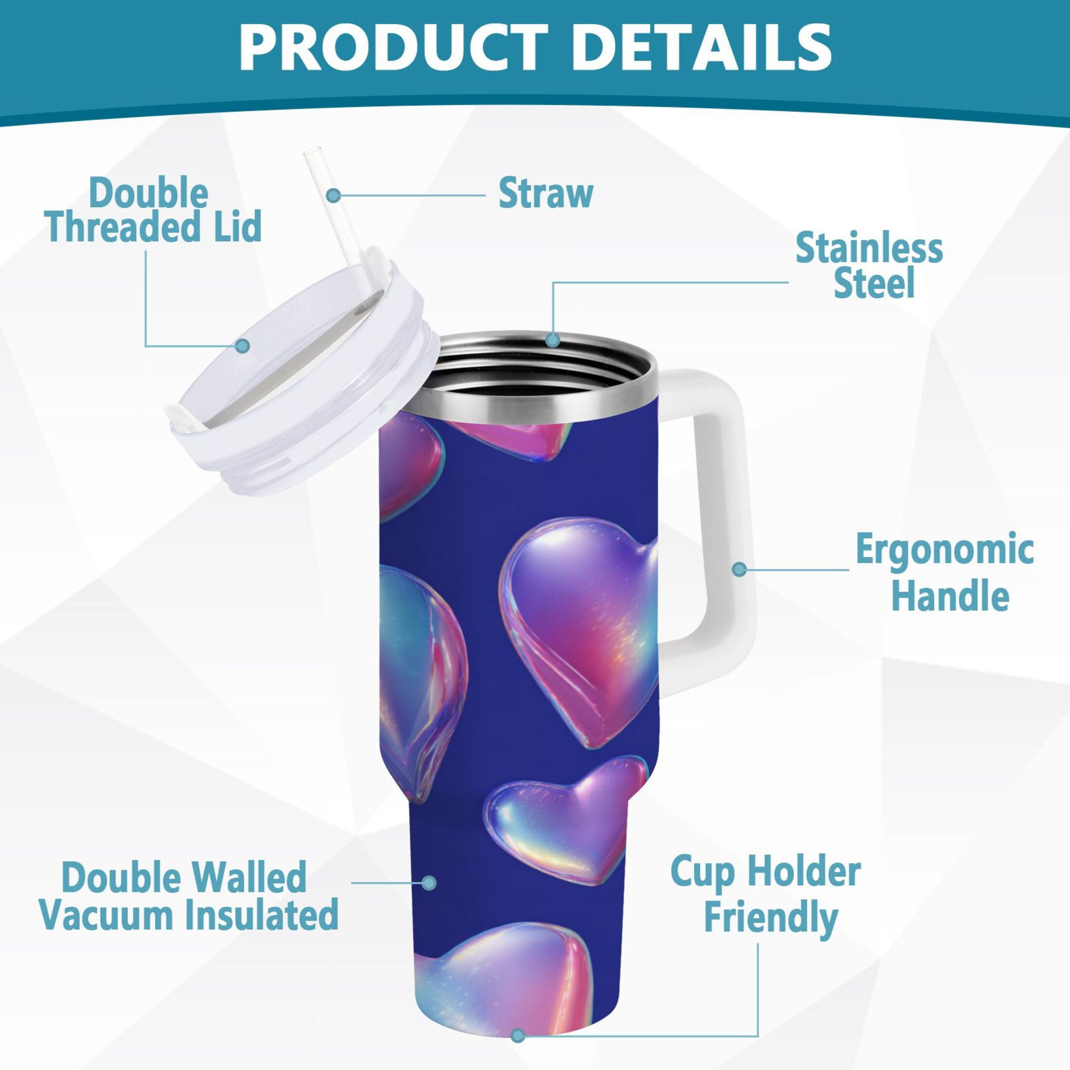 30 oz Insulated Stainless Steel Tumbler Double Wall Stainless Steel Tumbler with 2-Way Drinking Pink-purple Hearts VFKP