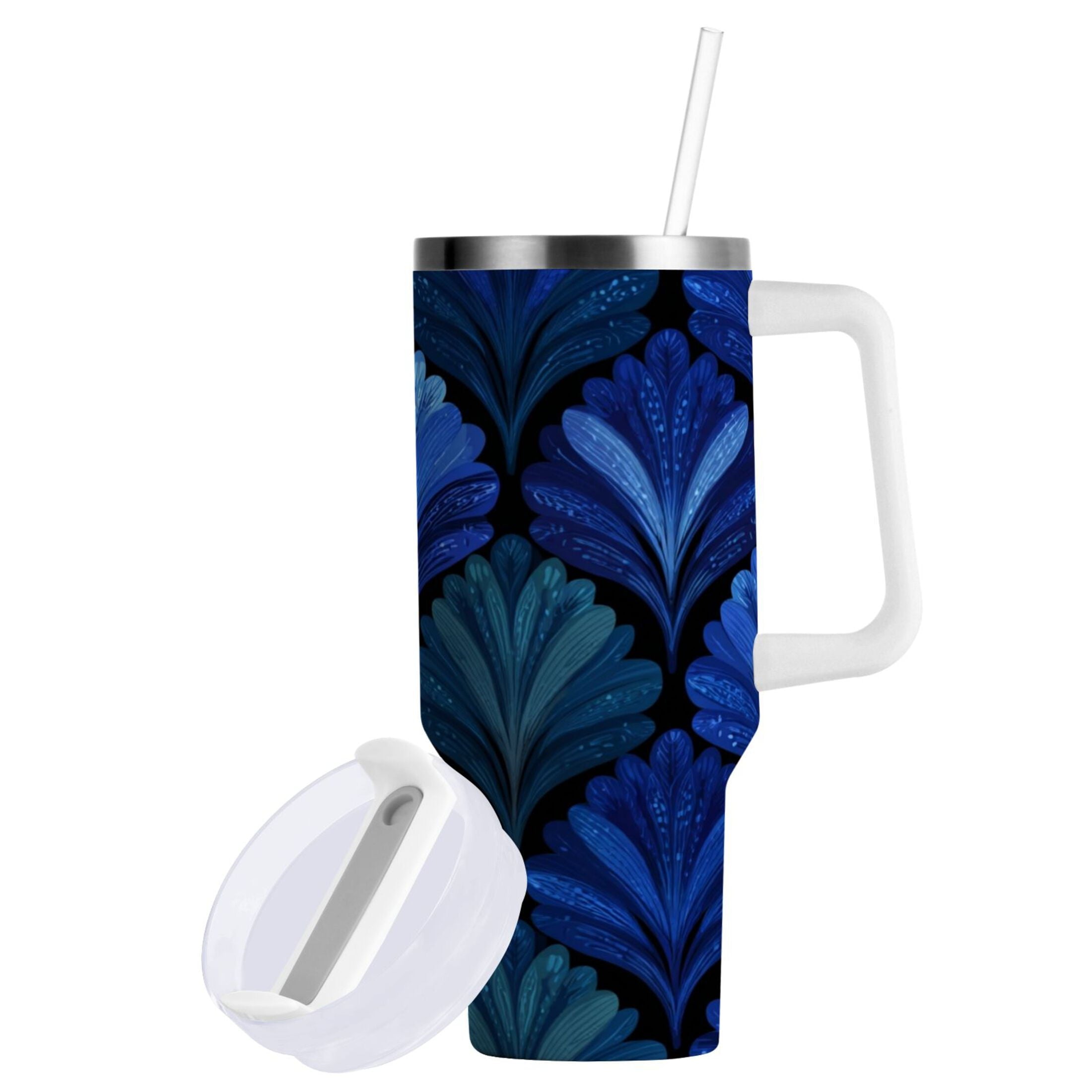 30 oz Insulated Stainless Steel Tumbler Double Wall Stainless Steel Tumbler with 2-Way Drinking Blue Batik Leaves Pattern 16PB