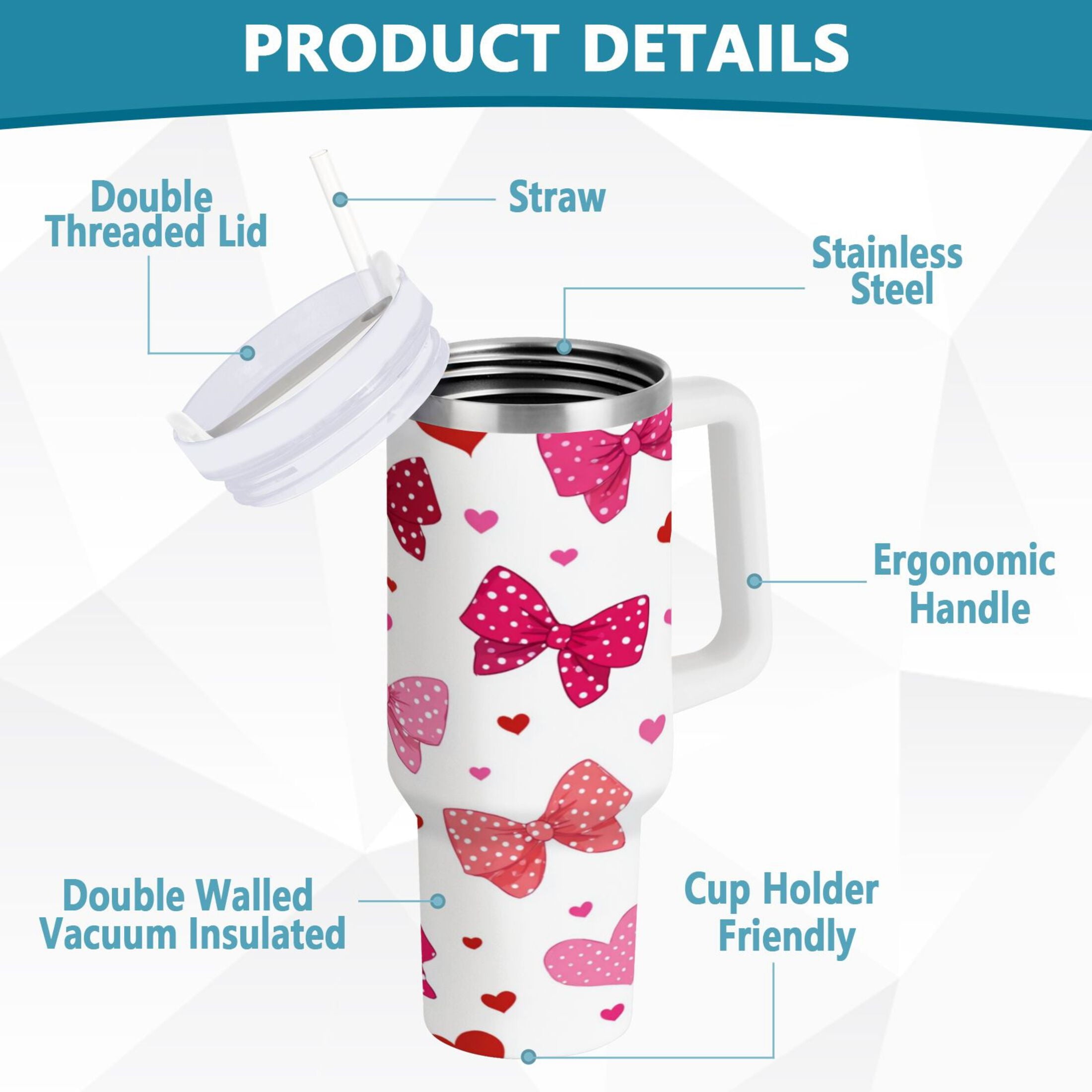 30 oz Insulated Stainless Steel Tumbler Double Wall Stainless Steel Tumbler with 2-Way Drinking Red and Pink Bows 673Q
