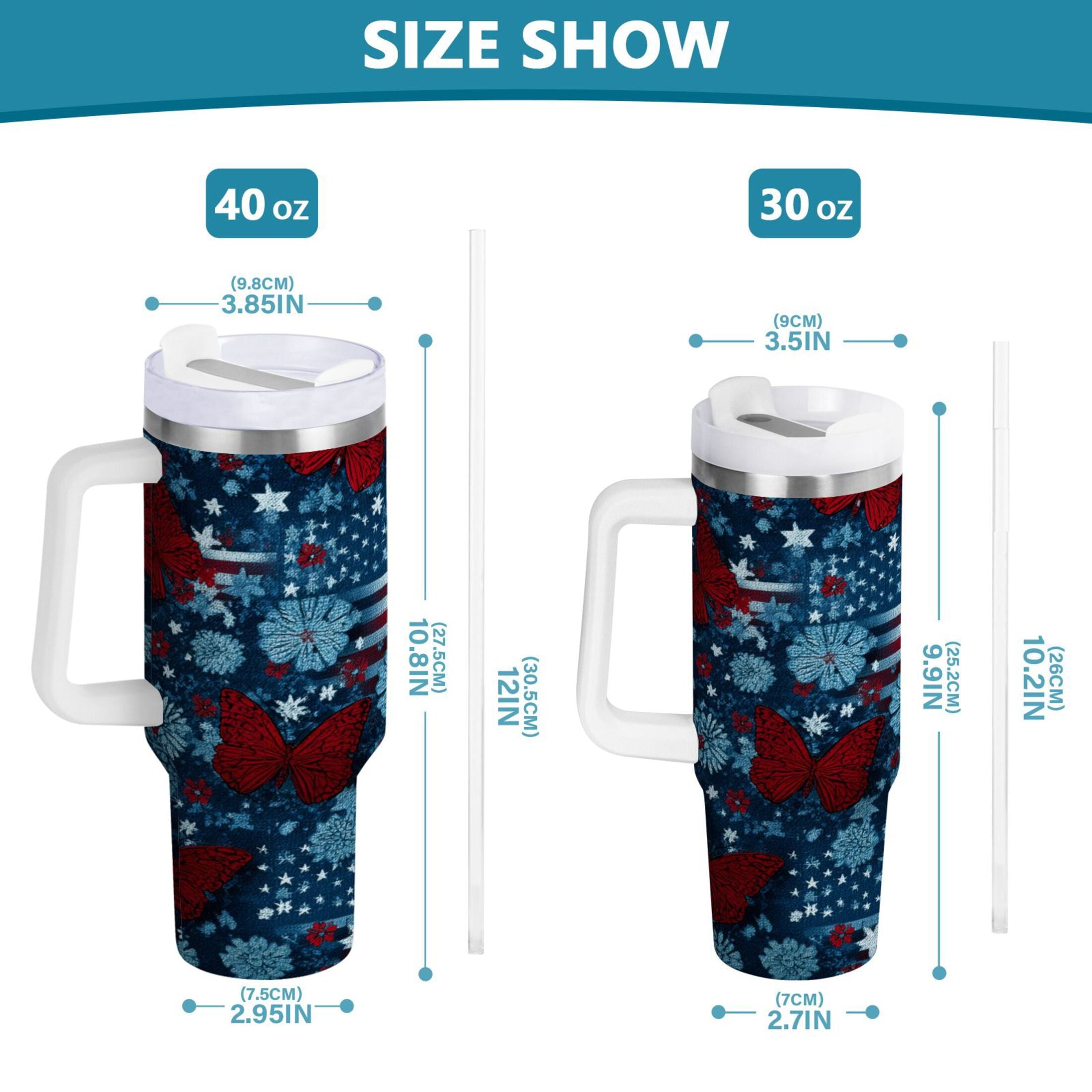 30 oz Insulated Stainless Steel Tumbler Double Wall Stainless Steel Tumbler with 2-Way Drinking Red Butterflies and Flags Y93R