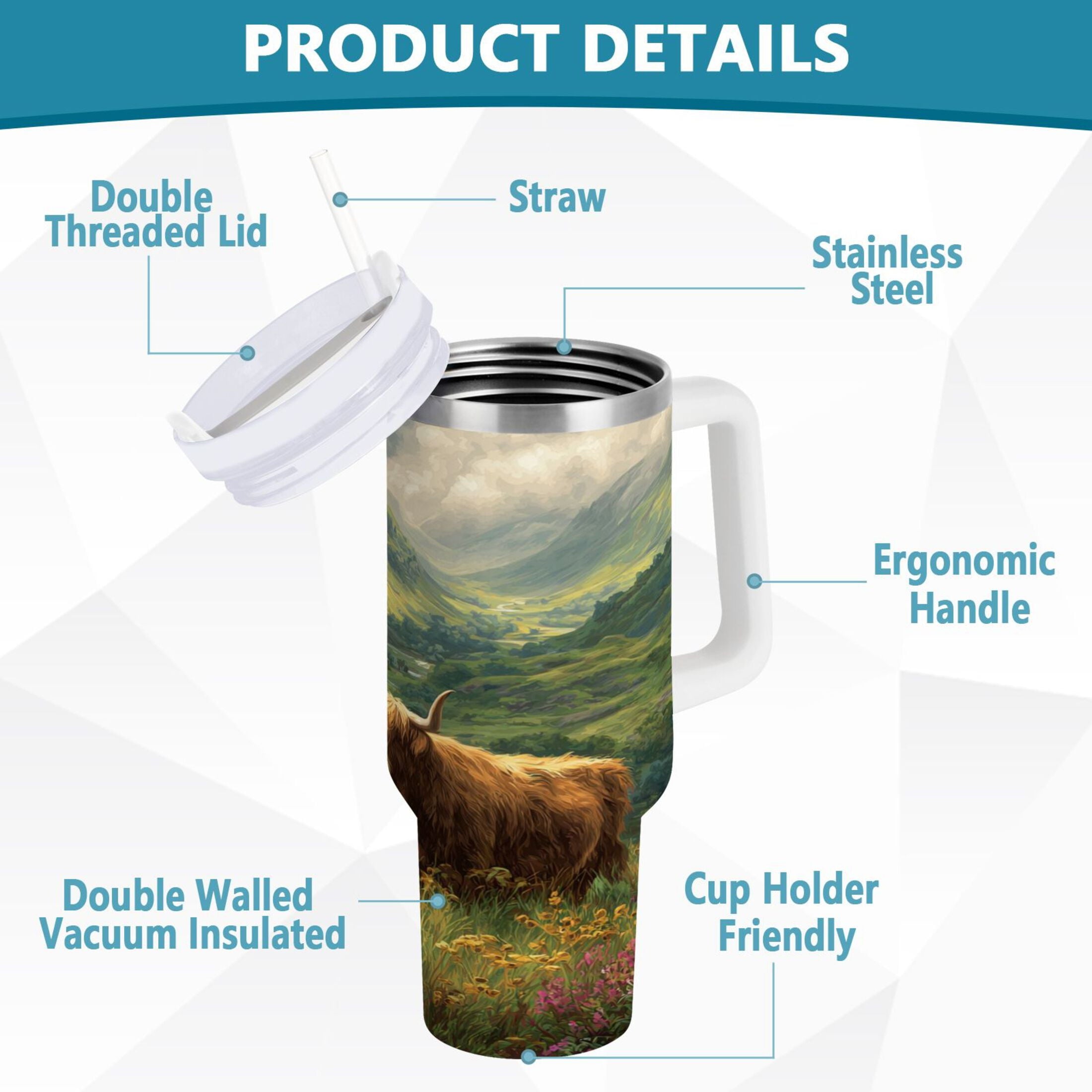 30 oz Insulated Stainless Steel Tumbler Double Wall Stainless Steel Tumbler with 2-Way Drinking Cow in Green Rolling Hills GH8P
