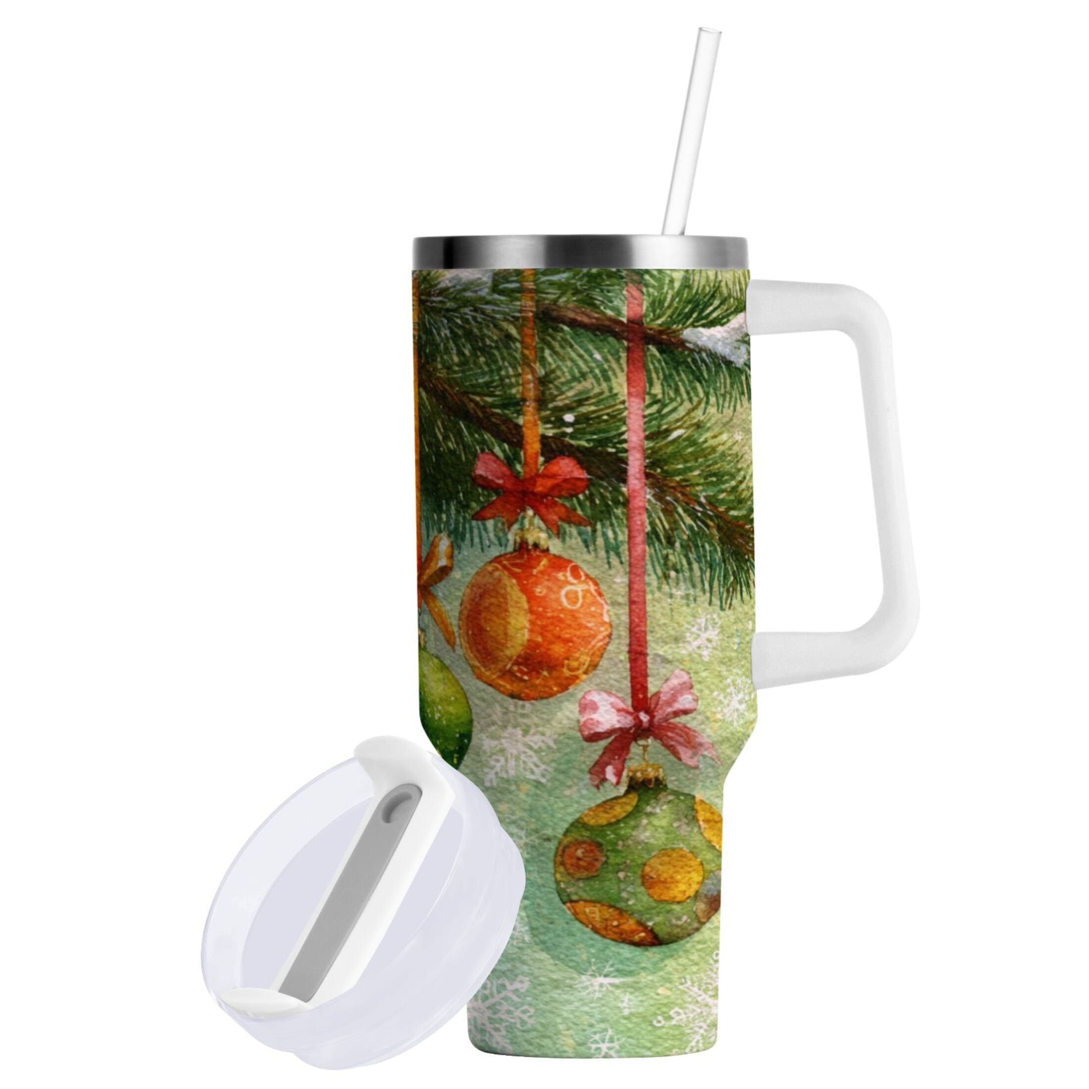 30 oz Insulated Stainless Steel Tumbler Double Wall Stainless Steel Tumbler with 2-Way Drinking Christmas Ornaments Watercolor Painting 3A0U