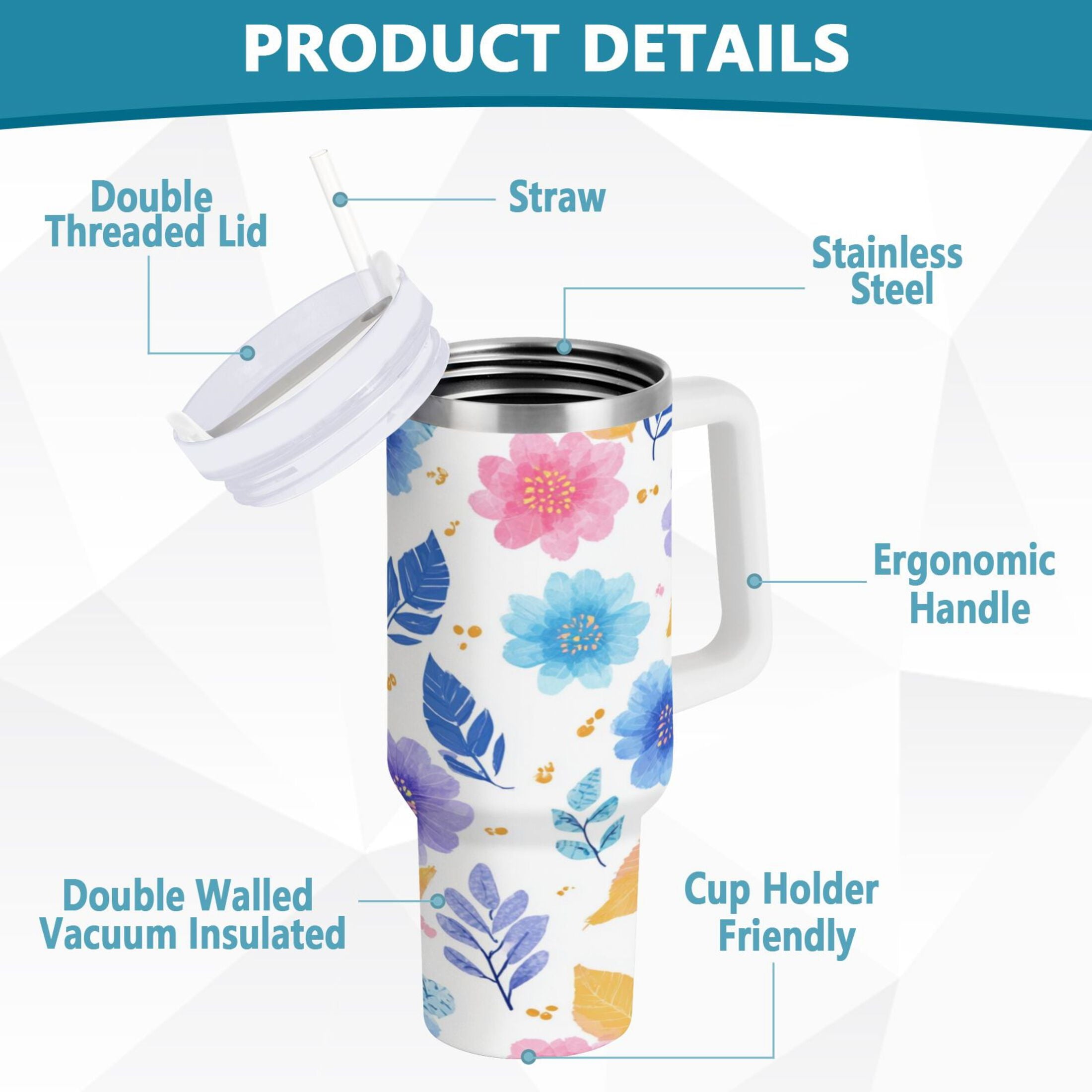 30 oz Insulated Stainless Steel Tumbler Double Wall Stainless Steel Tumbler with 2-Way Drinking Blue and Purple Flowers IHD9