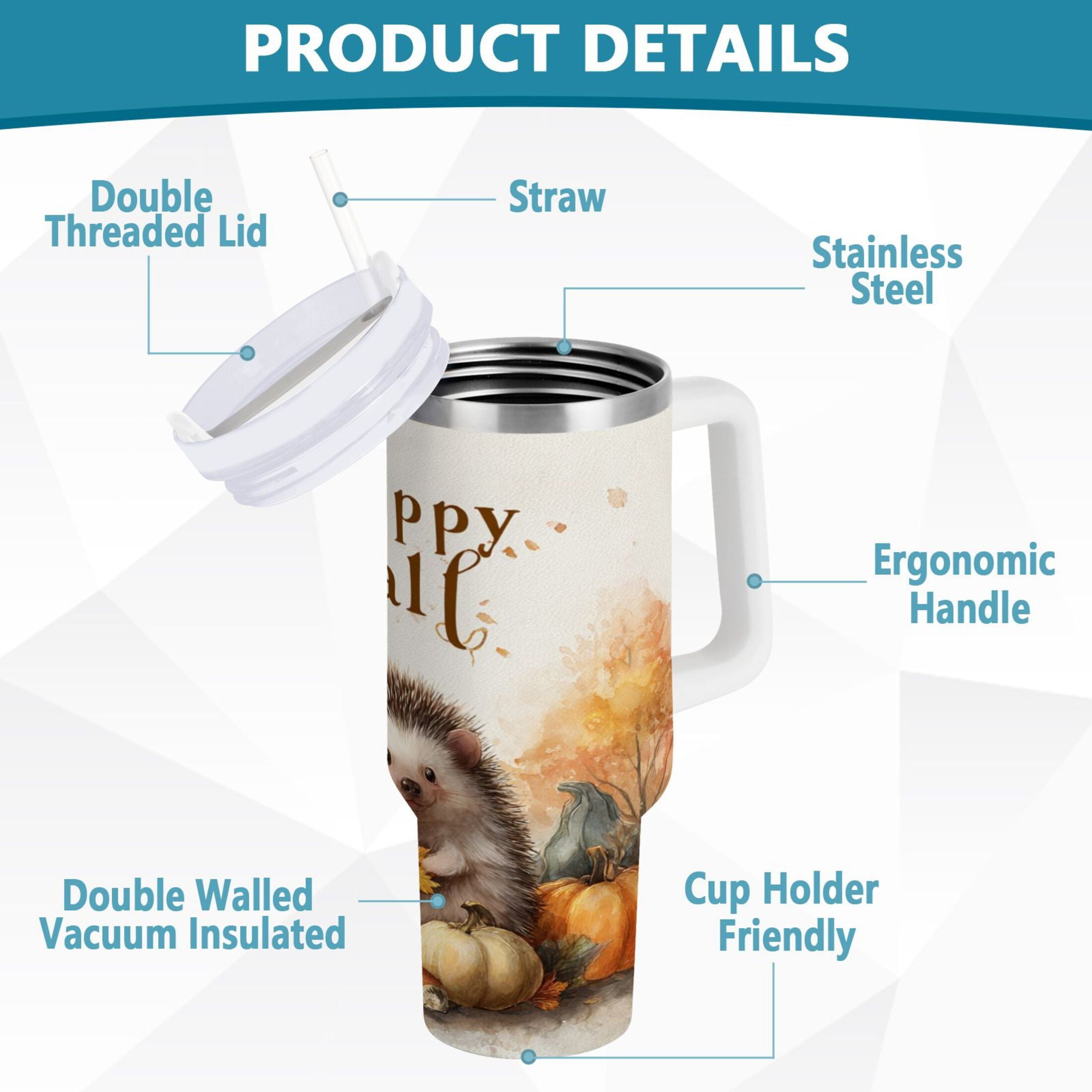 30 oz Insulated Stainless Steel Tumbler Double Wall Stainless Steel Tumbler with 2-Way Drinking Cute Little Hedgehog HPFD