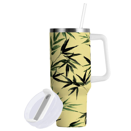 30 oz Insulated Stainless Steel Tumbler Double Wall Stainless Steel Tumbler with 2-Way Drinking Bamboo and Green Leaves 2EPZ