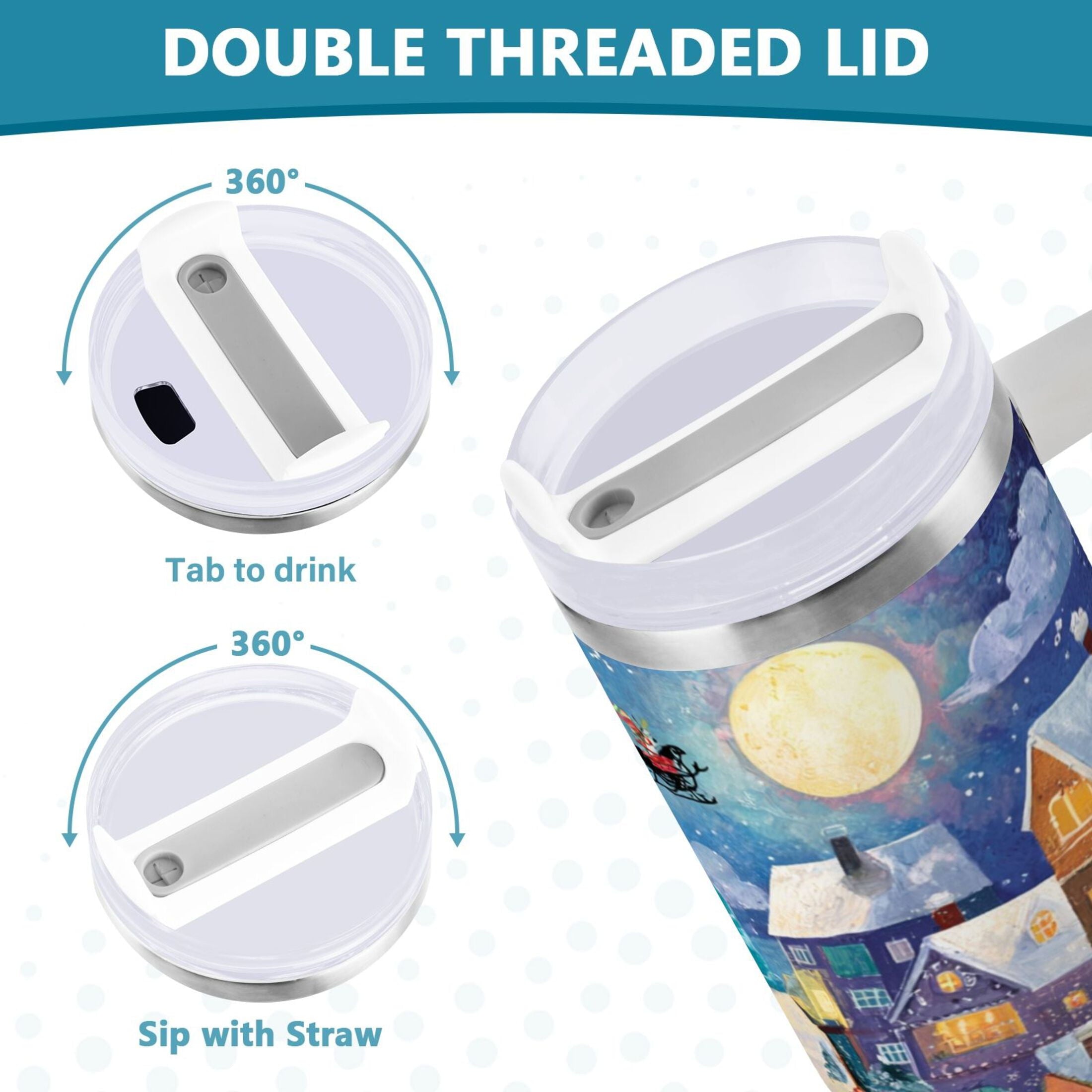 30 oz Insulated Stainless Steel Tumbler Double Wall Stainless Steel Tumbler with 2-Way Drinking Charming Christmas Scene RUU3