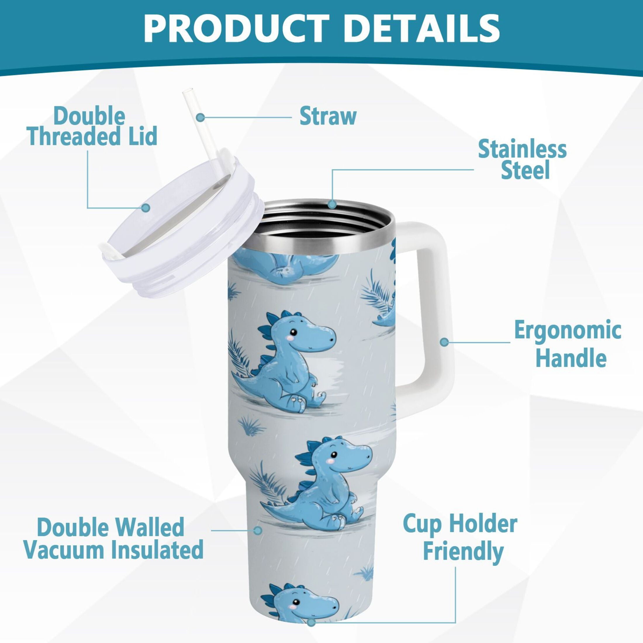 30 oz Insulated Stainless Steel Tumbler Double Wall Stainless Steel Tumbler with 2-Way Drinking Cartoon Blue Dinosaurs GUUO