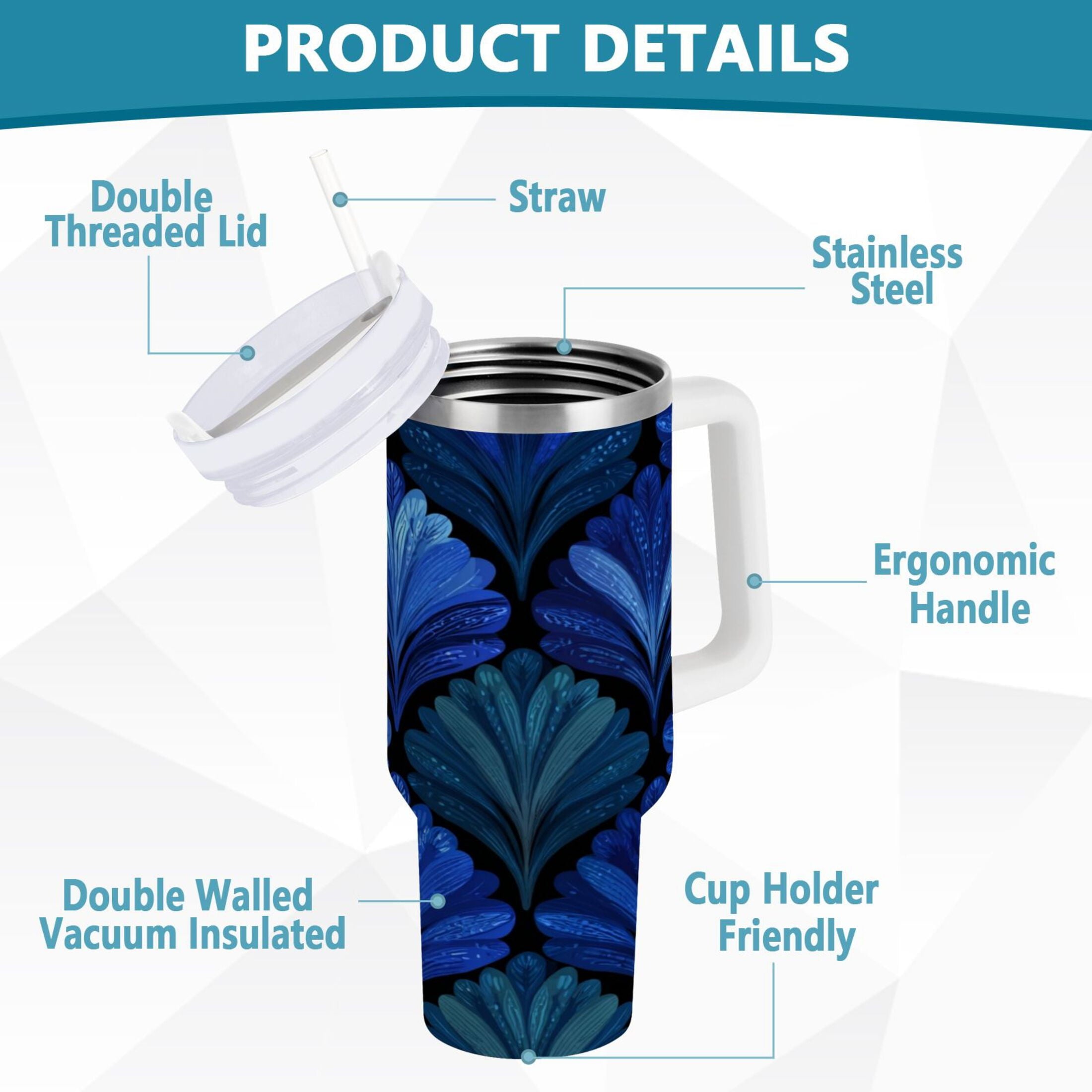 30 oz Insulated Stainless Steel Tumbler Double Wall Stainless Steel Tumbler with 2-Way Drinking Blue Batik Leaves Pattern 16PB