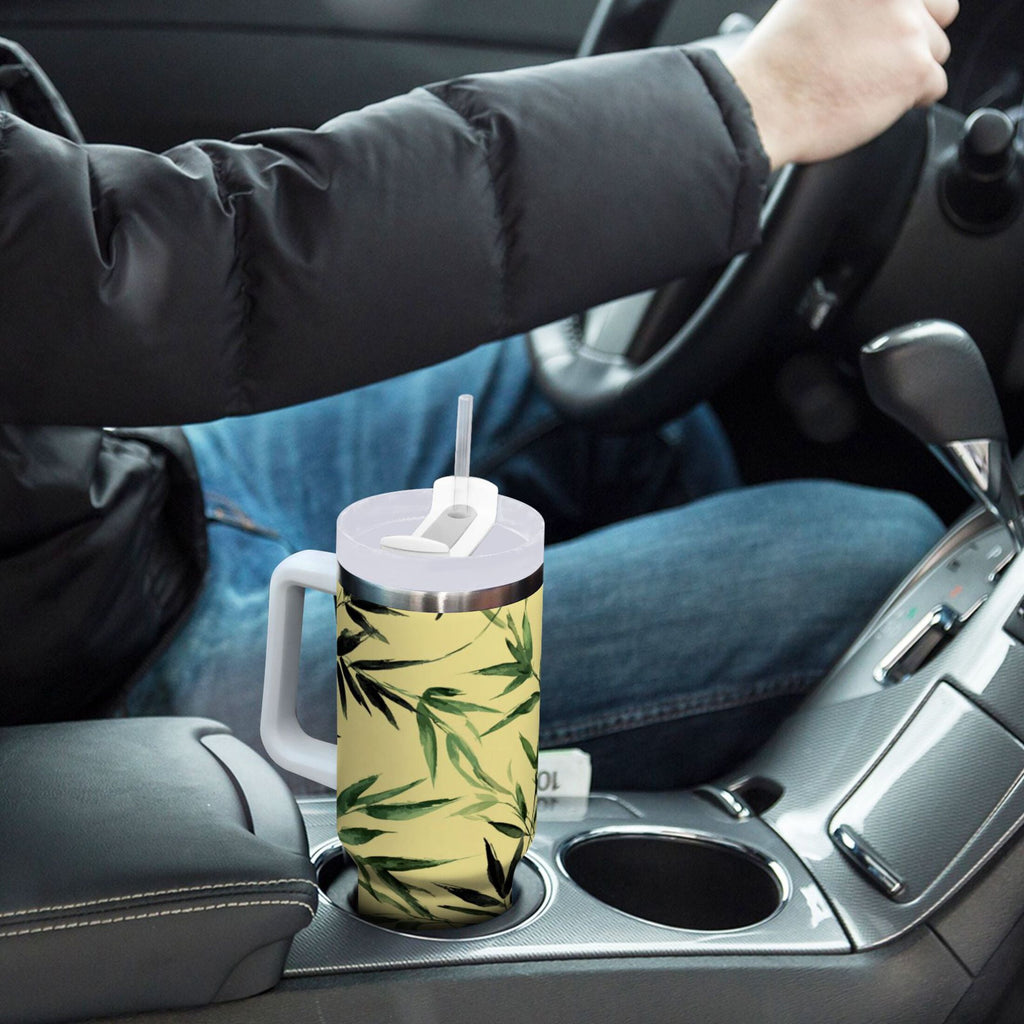 30 oz Insulated Stainless Steel Tumbler Double Wall Stainless Steel Tumbler with 2-Way Drinking Bamboo and Green Leaves 2EPZ