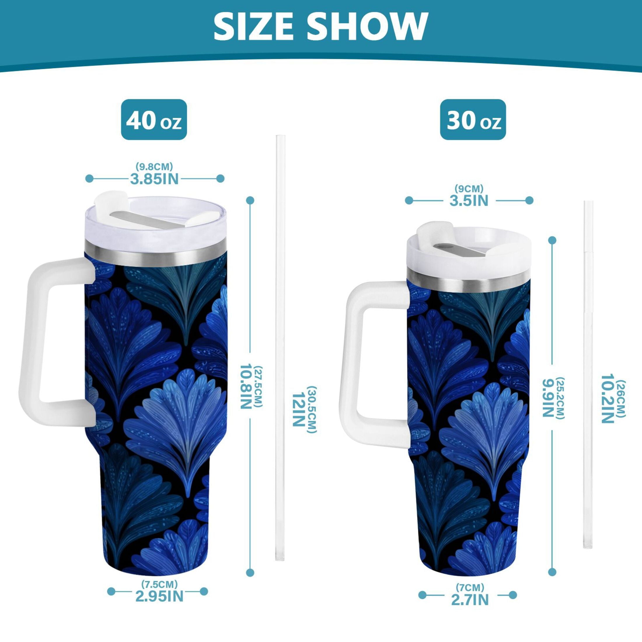 30 oz Insulated Stainless Steel Tumbler Double Wall Stainless Steel Tumbler with 2-Way Drinking Blue Batik Leaves Pattern 16PB