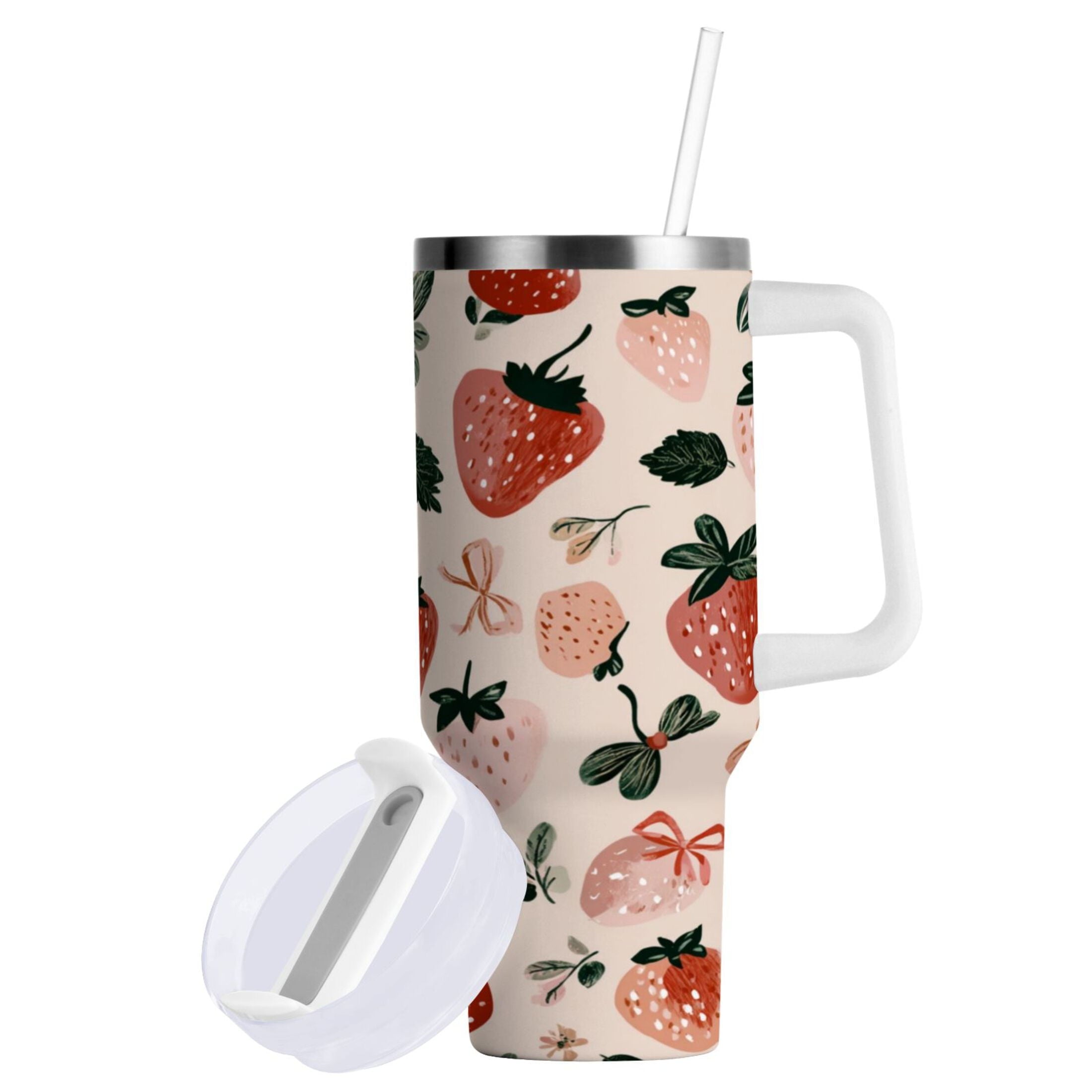 30 oz Insulated Stainless Steel Tumbler Double Wall Stainless Steel Tumbler with 2-Way Drinking Cute Pinks Strawberries 6O6J