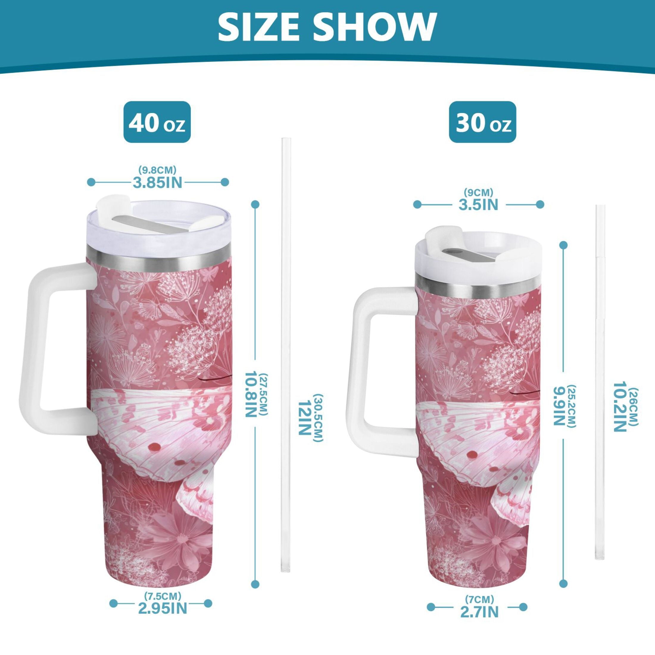 30 oz Insulated Stainless Steel Tumbler Double Wall Stainless Steel Tumbler with 2-Way Drinking Soft Pink Butterfly F6BY