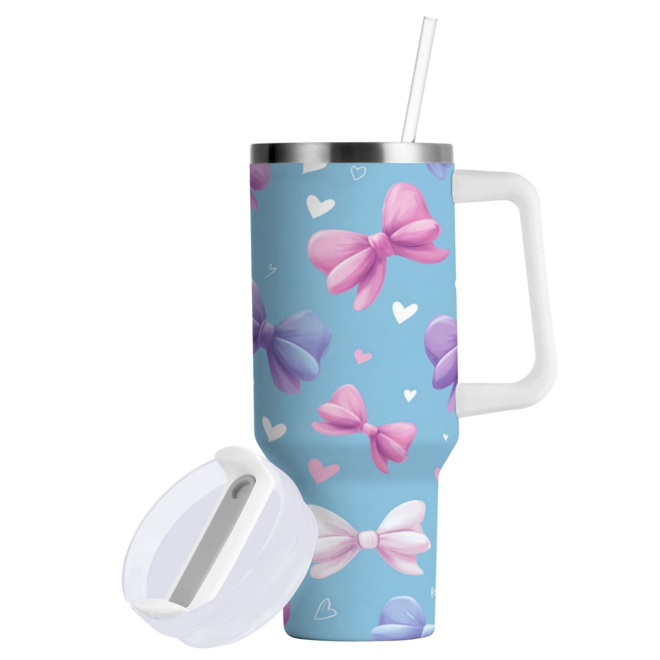 30 oz Insulated Stainless Steel Tumbler Double Wall Stainless Steel Tumbler with 2-Way Drinking Pink and Purple Bows NW8L