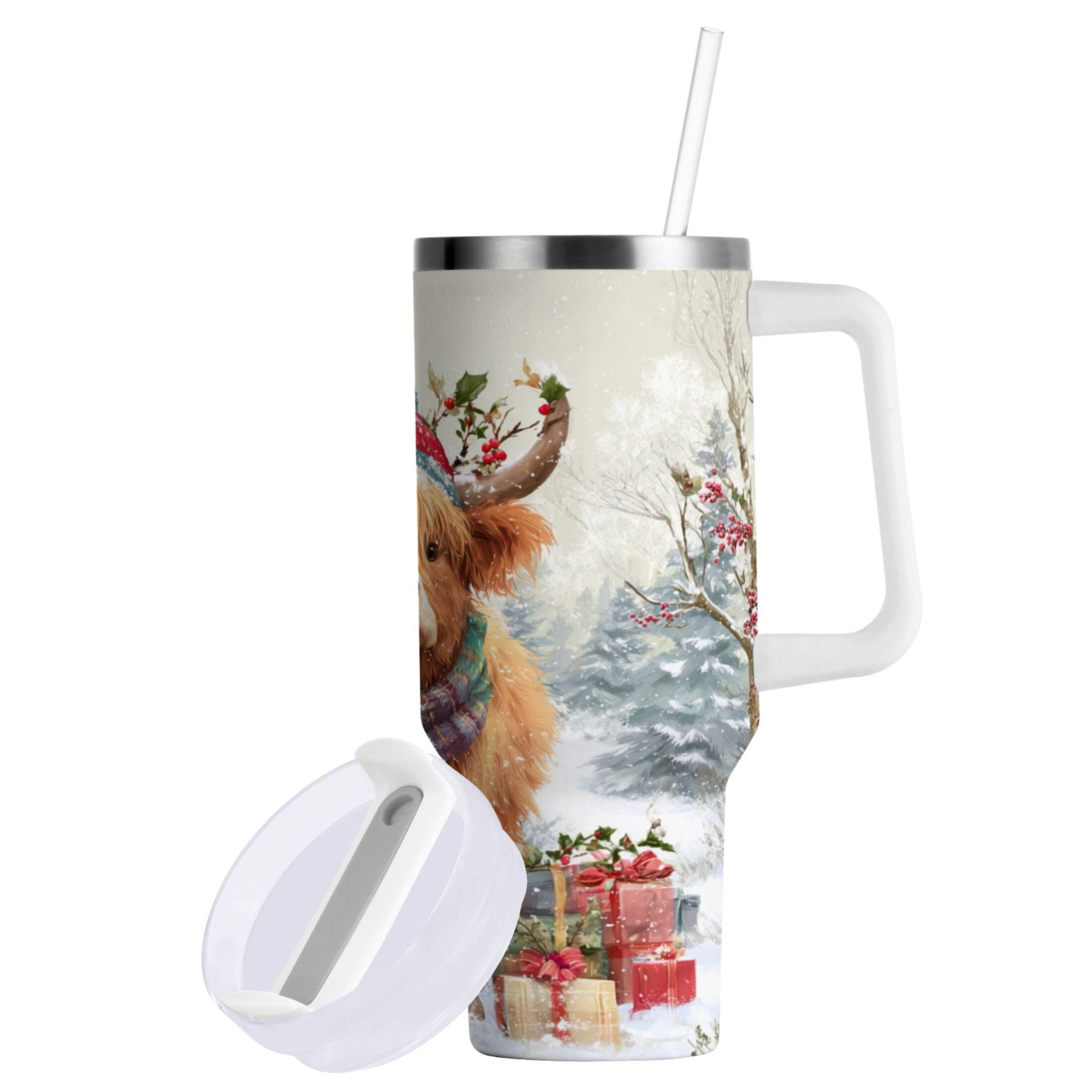 30 oz Insulated Stainless Steel Tumbler Double Wall Stainless Steel Tumbler with 2-Way Drinking Cow Wearing Christmas Hat ODCE