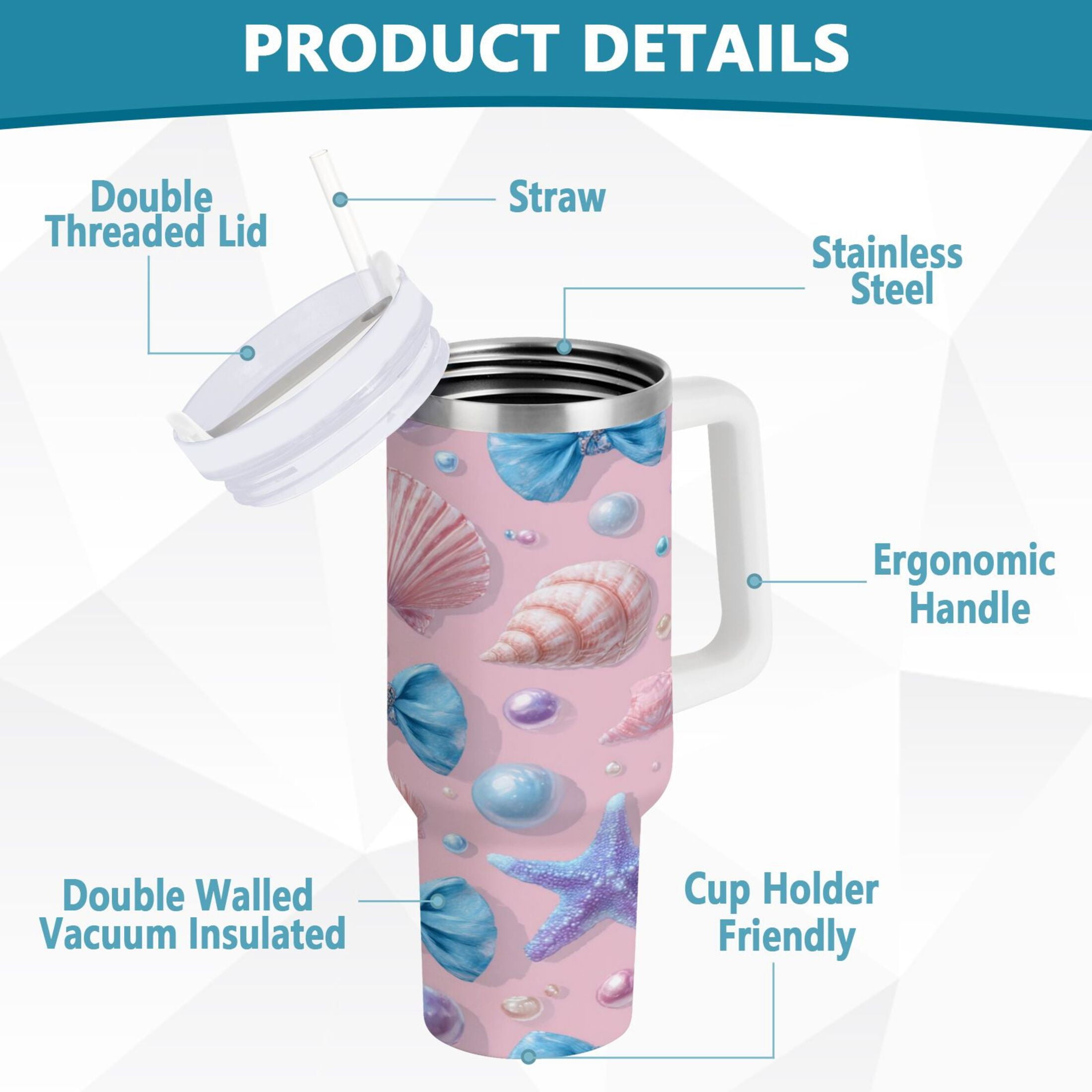 30 oz Insulated Stainless Steel Tumbler Double Wall Stainless Steel Tumbler with 2-Way Drinking Seashells and Bows I44I