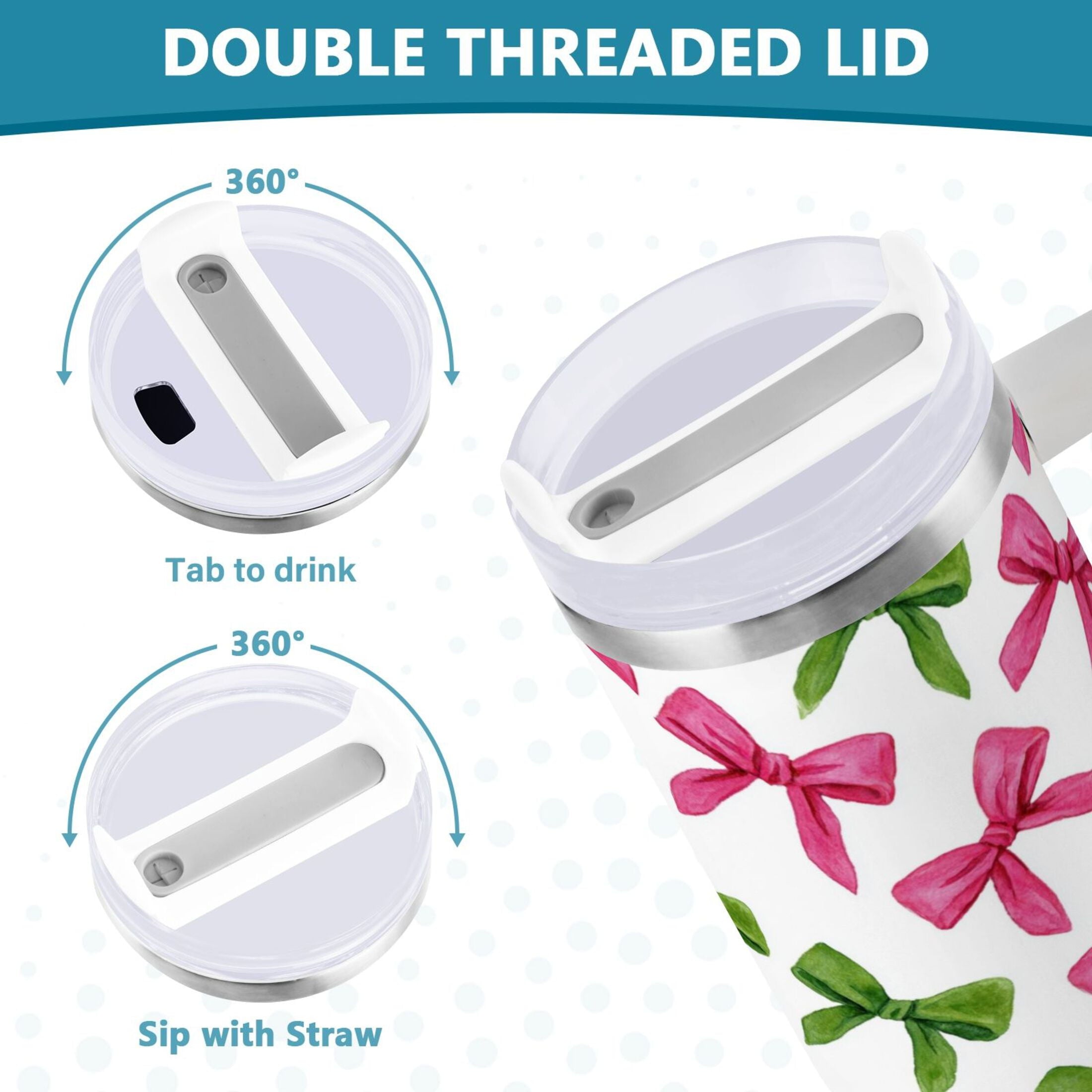 30 oz Insulated Stainless Steel Tumbler Double Wall Stainless Steel Tumbler with 2-Way Drinking Pink Bows and Green Ribbons FD2O
