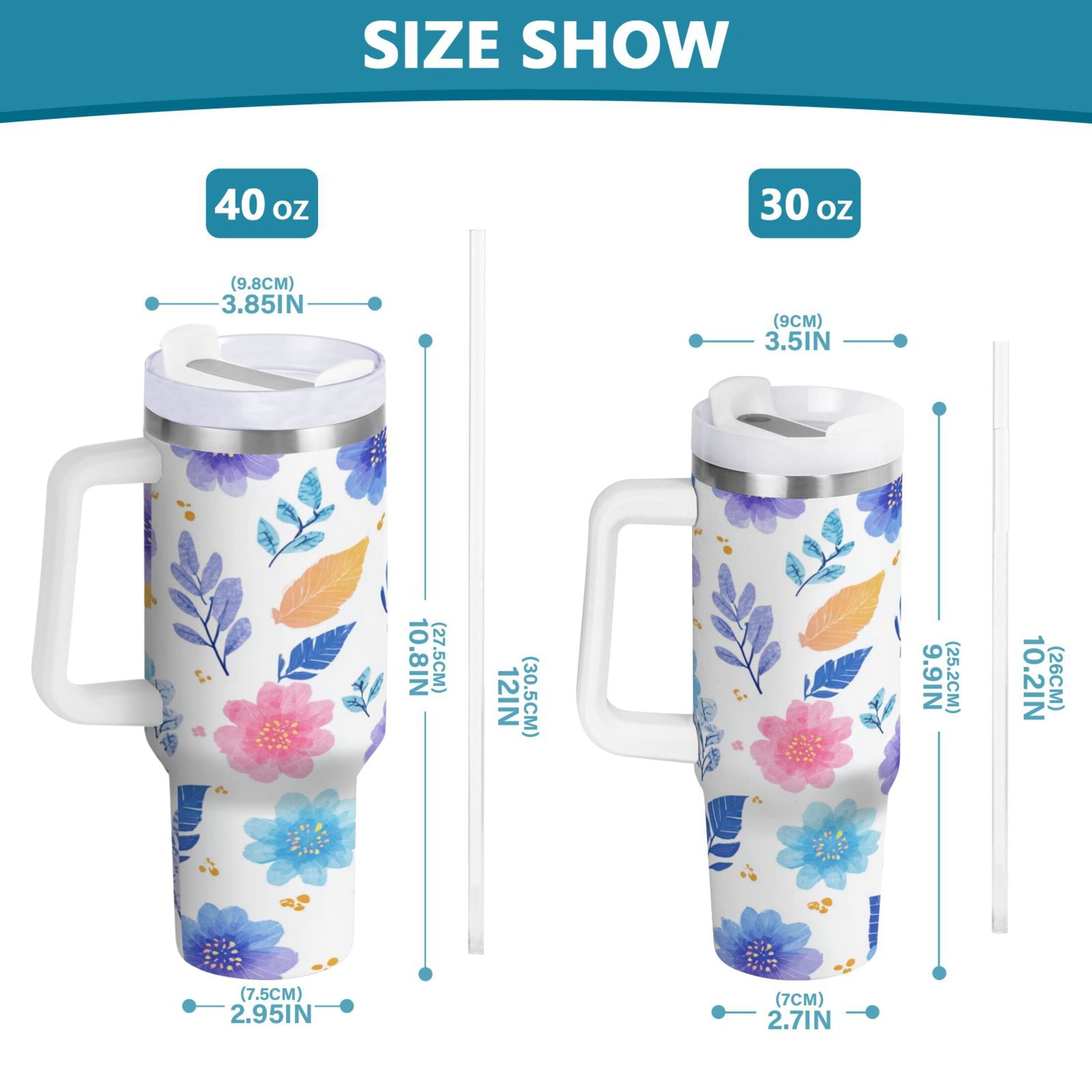 30 oz Insulated Stainless Steel Tumbler Double Wall Stainless Steel Tumbler with 2-Way Drinking Blue and Purple Flowers IHD9