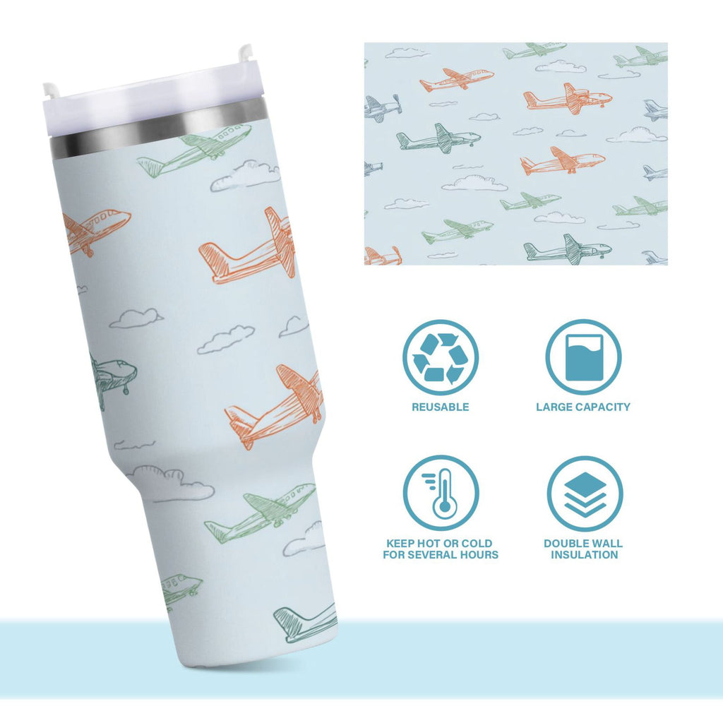 30 oz Insulated Stainless Steel Tumbler Double Wall Stainless Steel Tumbler with 2-Way Drinking Pastel Doodle Airplanes NJ7A