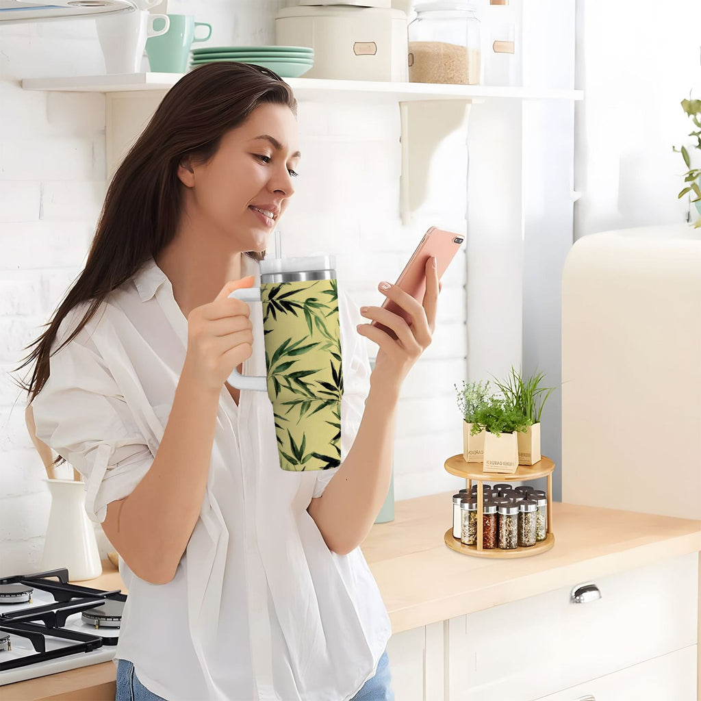 30 oz Insulated Stainless Steel Tumbler Double Wall Stainless Steel Tumbler with 2-Way Drinking Bamboo and Green Leaves 2EPZ