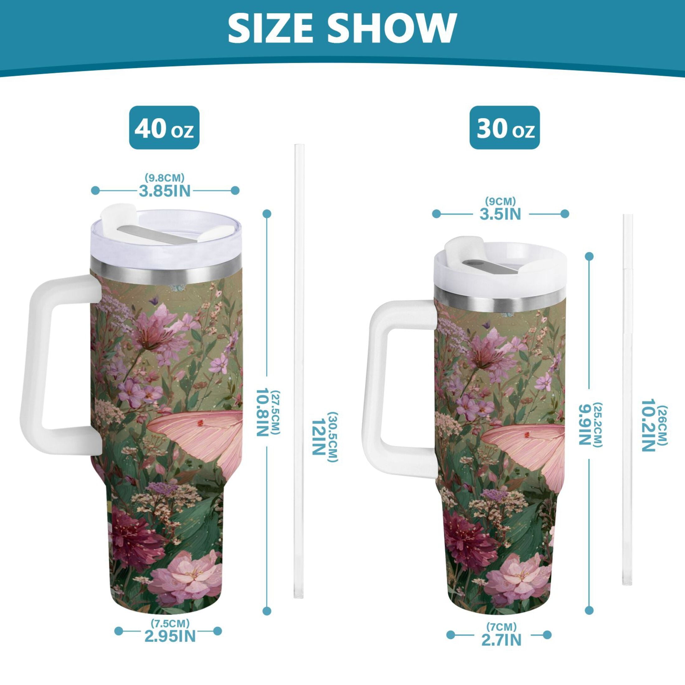 30 oz Insulated Stainless Steel Tumbler Double Wall Stainless Steel Tumbler with 2-Way Drinking Delicate Butterfly DBKC