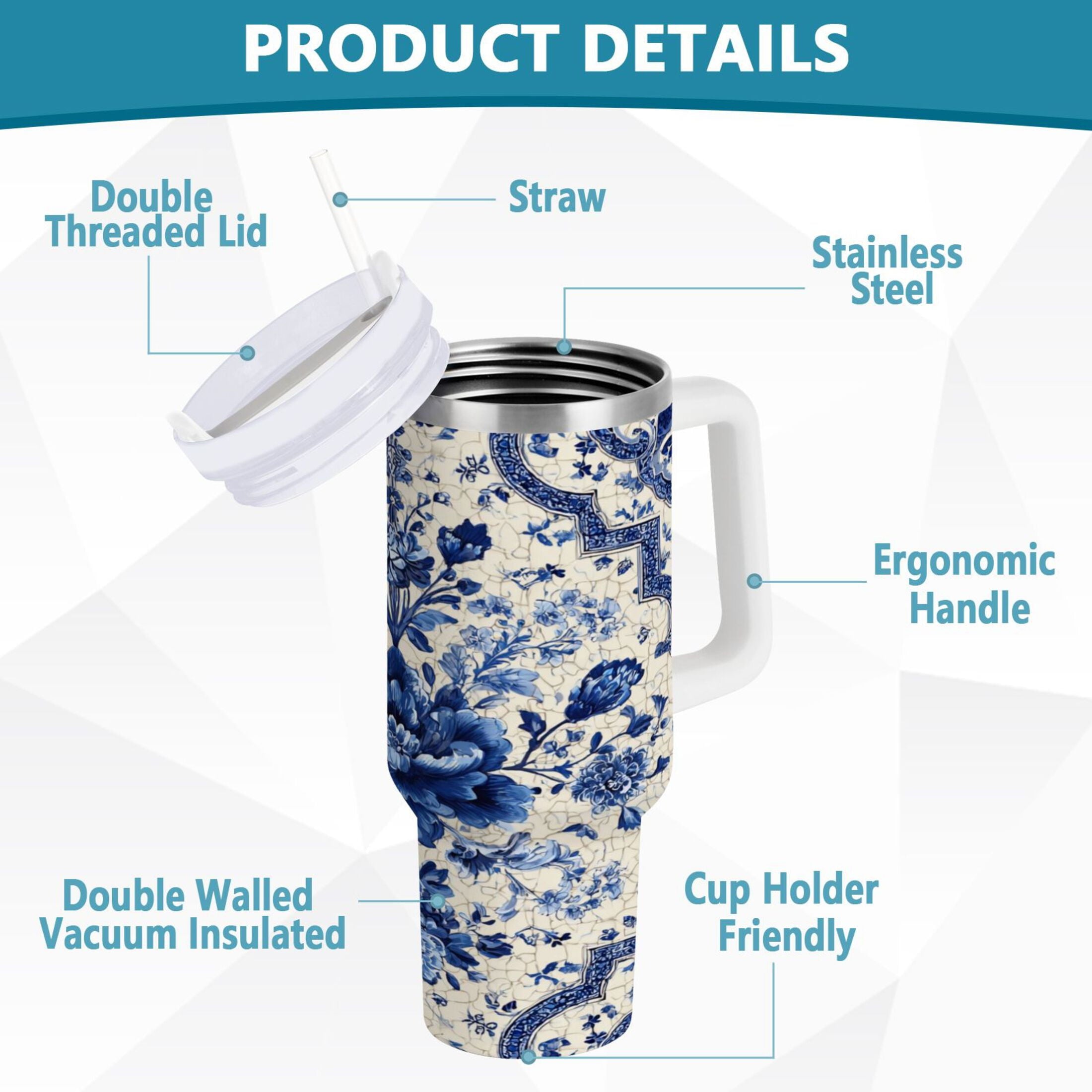 30 oz Insulated Stainless Steel Tumbler Double Wall Stainless Steel Tumbler with 2-Way Drinking Blue and White Porcelain-style FEN4
