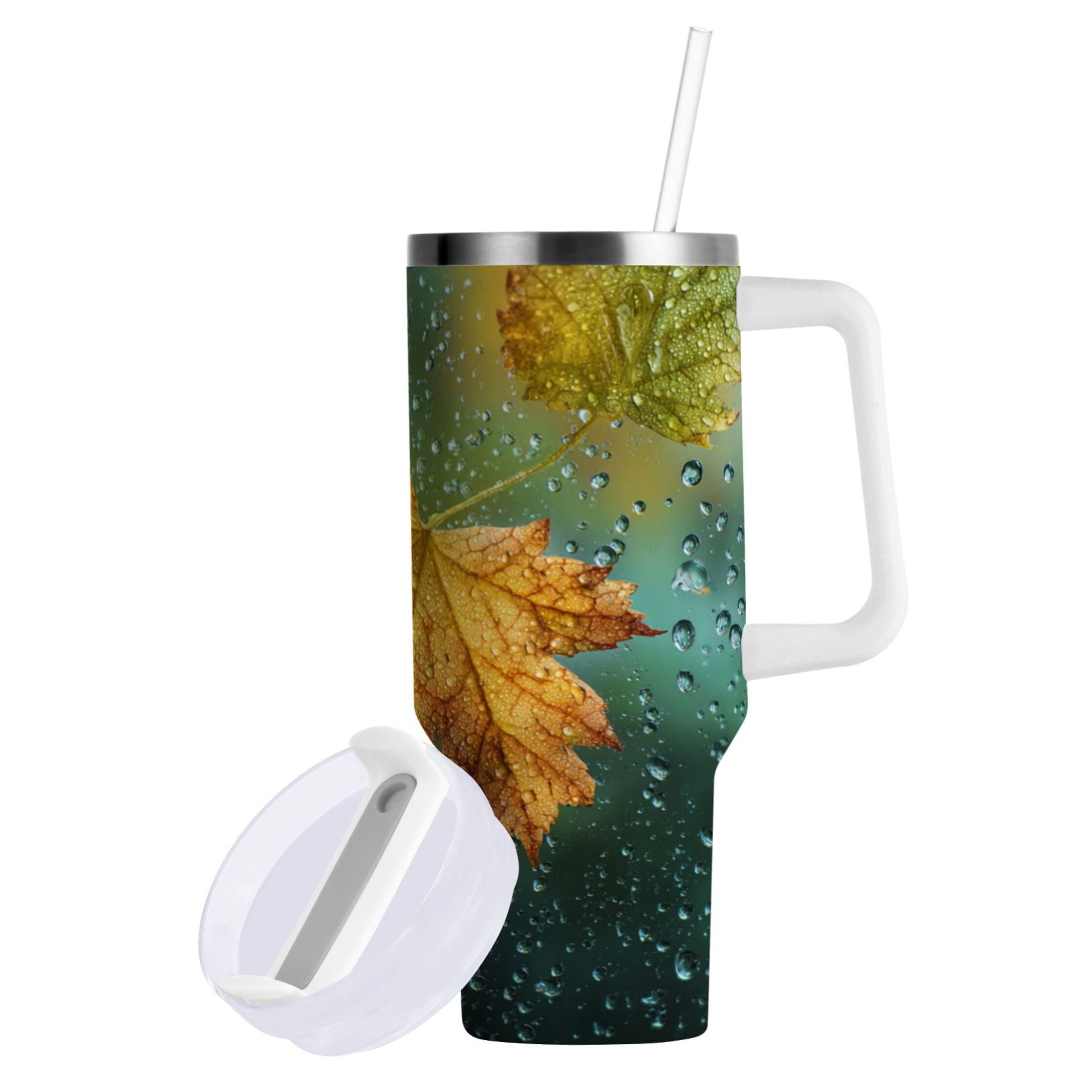 30 oz Insulated Stainless Steel Tumbler Double Wall Stainless Steel Tumbler with 2-Way Drinking Leaves with Water Droplets DSNH