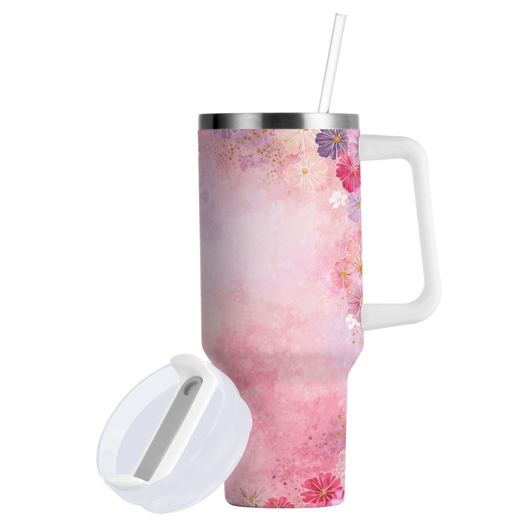 30 oz Insulated Stainless Steel Tumbler Double Wall Stainless Steel Tumbler with 2-Way Drinking Colorful Pastel Floral Pattern 9DI1