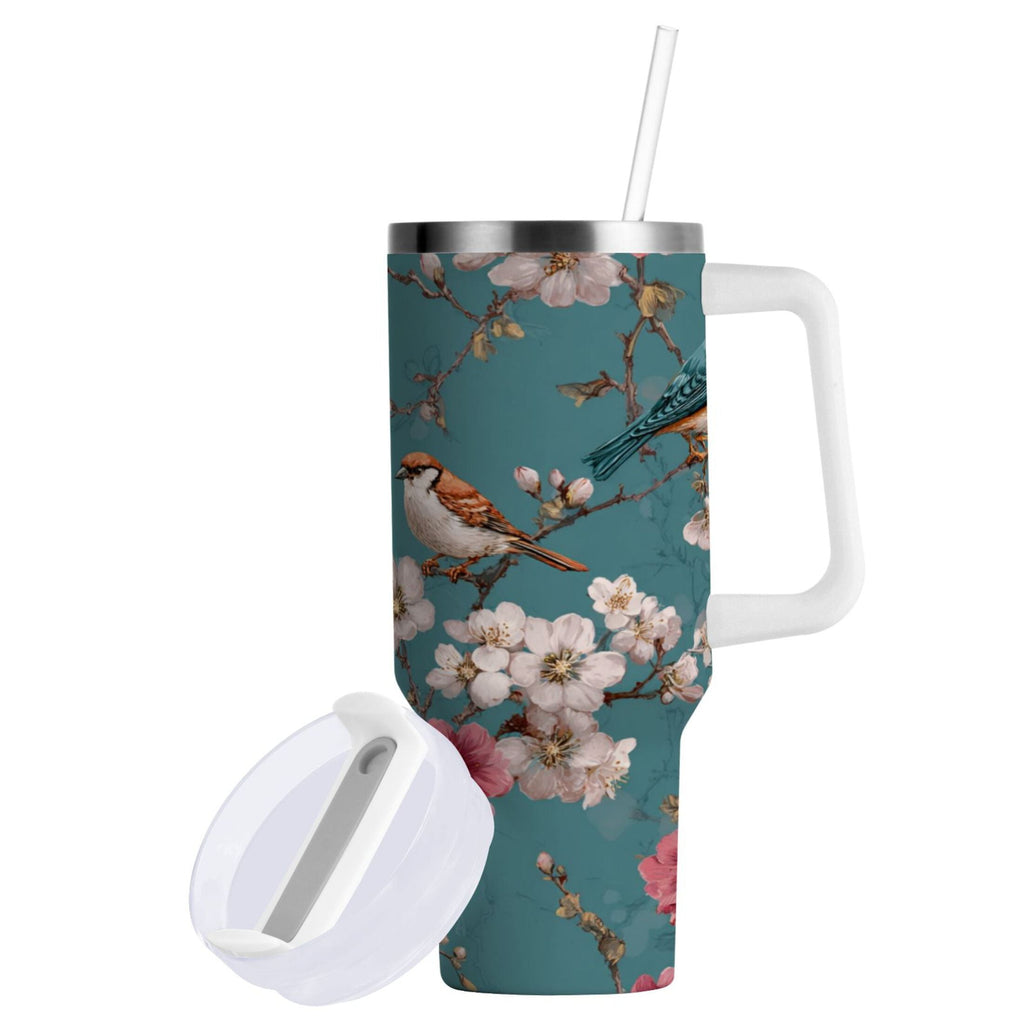 30 oz Insulated Stainless Steel Tumbler Double Wall Stainless Steel Tumbler with 2-Way Drinking Birds and Cherry Pattern 8ZIO