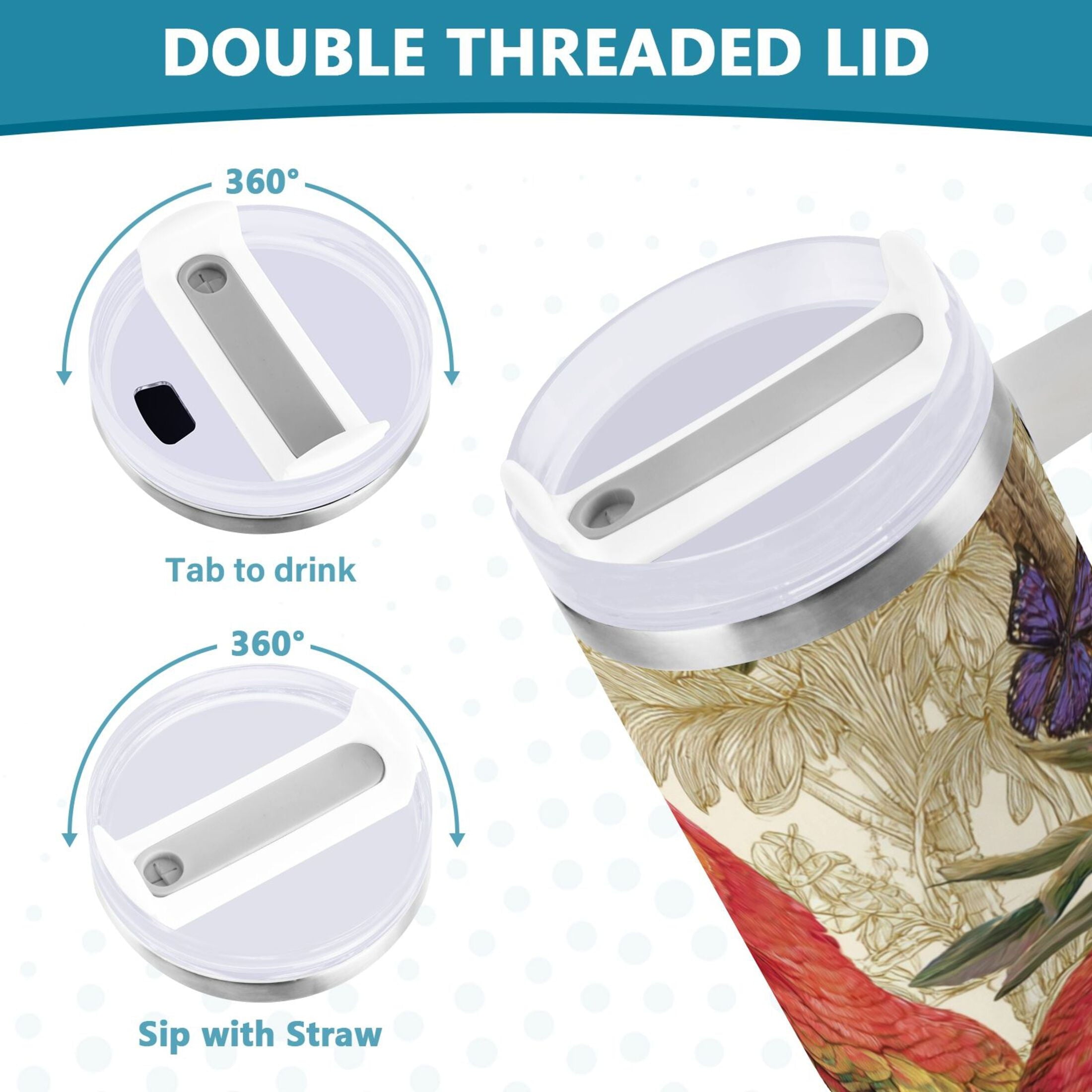 30 oz Insulated Stainless Steel Tumbler Double Wall Stainless Steel Tumbler with 2-Way Drinking Colorful Beautiful Parrots IVHL